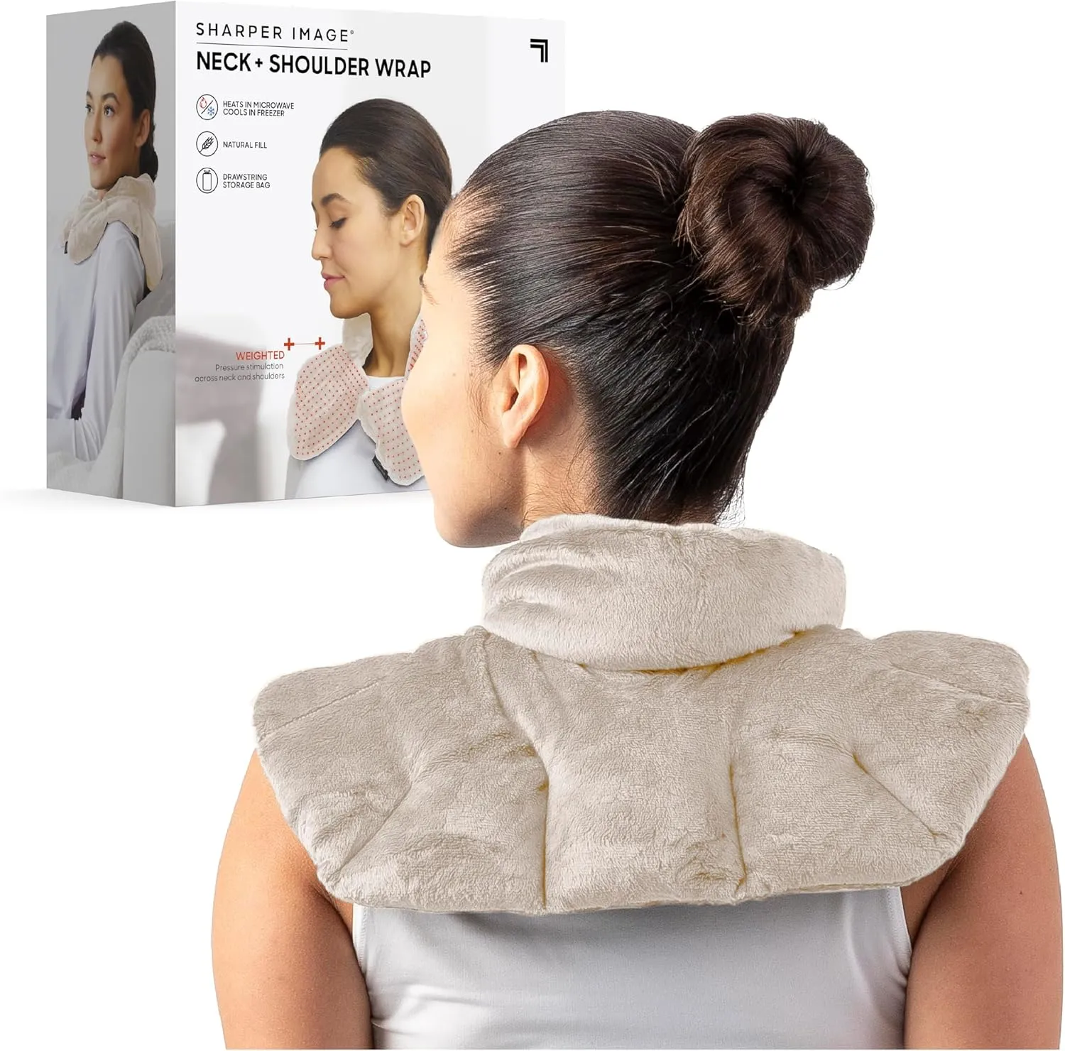 Sharper Image Unscented Heated Neck & Shoulder Wrap - Microwavable Warm & Cooling Plush Pad, Weighted for Pain, Tension & Stress Relief Therapy, Gift for Women & Men