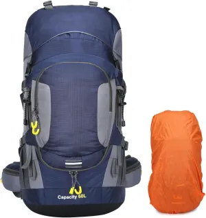 ShowyLive 60L Waterproof Hiking and Camping Backpack for Men - Durable, Lightweight Large Hiking Backpack with Rain Cover, Multi Compartments, and Adjustable Straps, Blue
