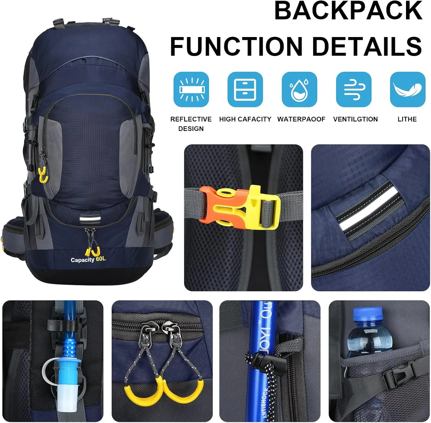 ShowyLive 60L Waterproof Hiking and Camping Backpack for Men - Durable, Lightweight Large Hiking Backpack with Rain Cover, Multi Compartments, and Adjustable Straps, Blue