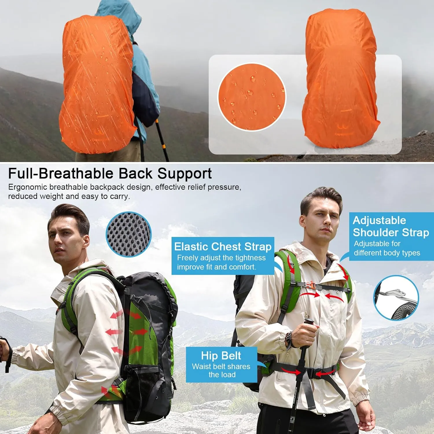 ShowyLive 60L Waterproof Hiking and Camping Backpack for Men - Durable, Lightweight Large Hiking Backpack with Rain Cover, Multi Compartments, and Adjustable Straps, Blue