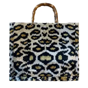 Silk Velvet Ikat Large Tote Bag with Bamboo Handle Traval Weekender Bag
