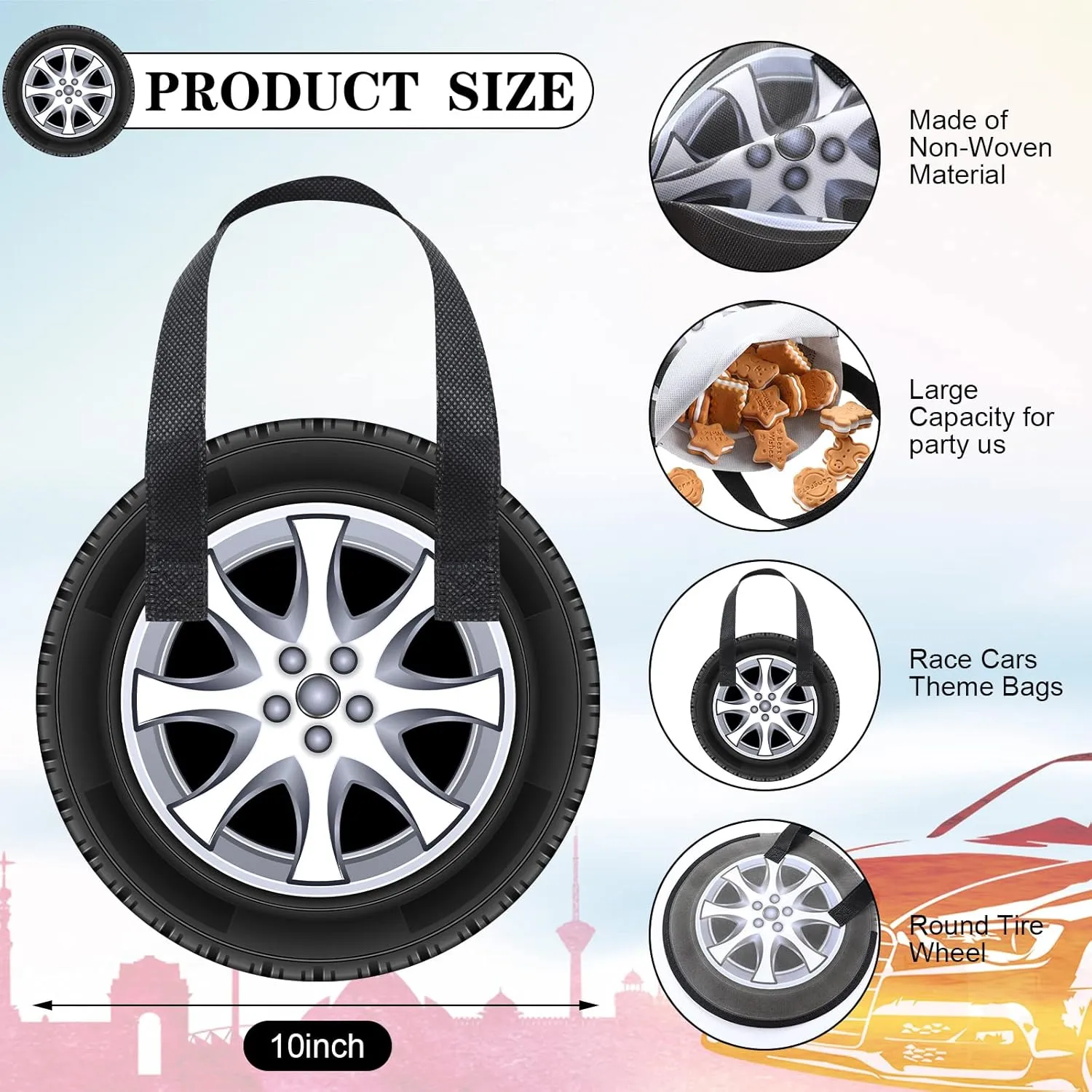 Silkfly 48 Pcs Racing Car Party Non Woven Tote Bags Race Car Wheel Bags with Handles for Candy Gifts Goodies Treats Boys Kids Birthday Baby Shower Party Favors