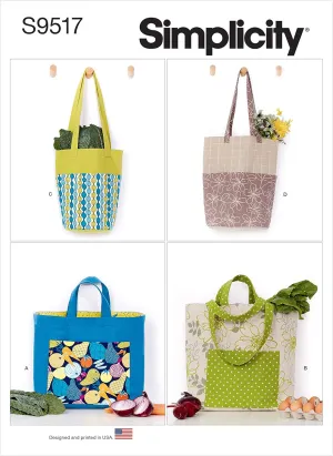 Simplicity Reusable Tote Bag Sewing Pattern Kit, Code S9517, One Size, Multicolor
