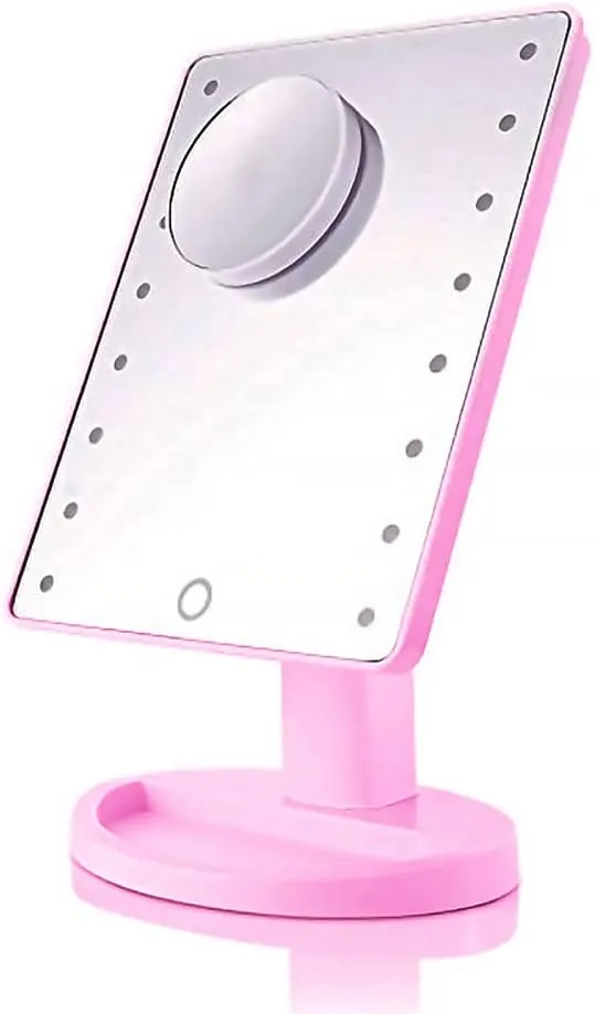 Single Sided Makeup Mirror with Cosmetic Stand,Bathroom Free Standing Vanity Mirror with Lights Tabletop Mirror,Touch Control Design,180° Rotation,Pink