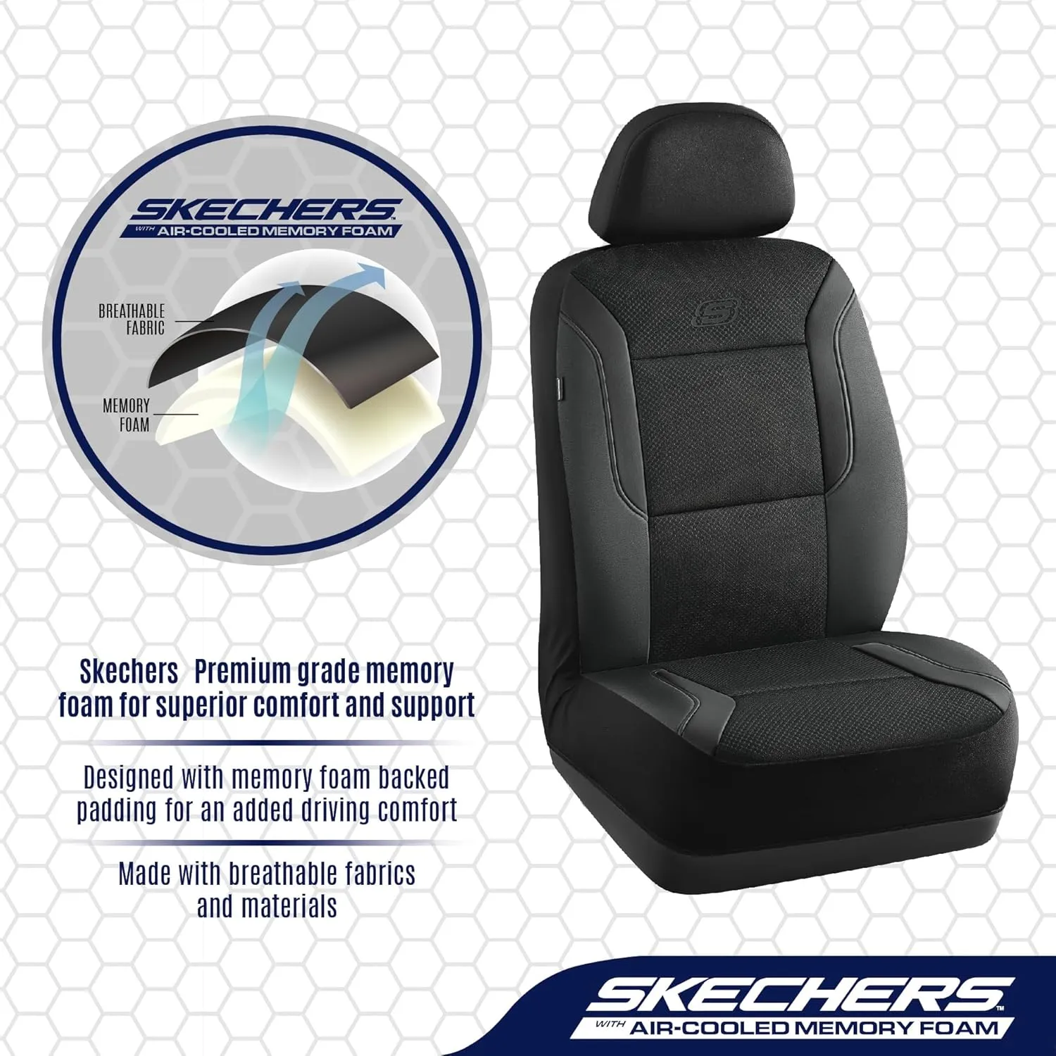 Skechers Memory Foam Leather Car Seat Covers, Air Cool Mesh Thick Seat Covers, Slip-ins Front seat Cover, Airbag Compatible, Automotive Comfort for Most Cars, Vans, Trucks, SUV,Black