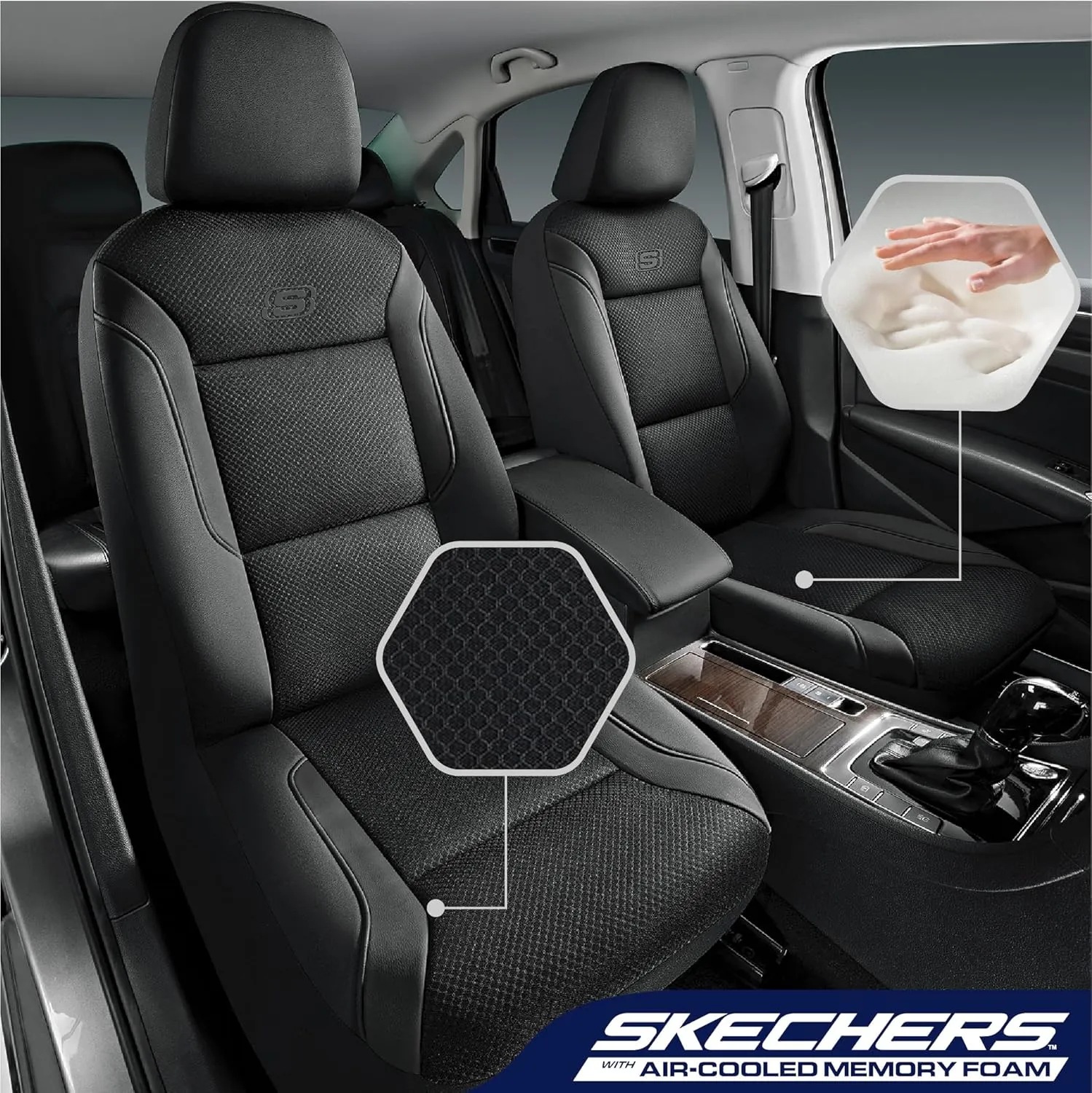Skechers Memory Foam Leather Car Seat Covers, Air Cool Mesh Thick Seat Covers, Slip-ins Front seat Cover, Airbag Compatible, Automotive Comfort for Most Cars, Vans, Trucks, SUV,Black