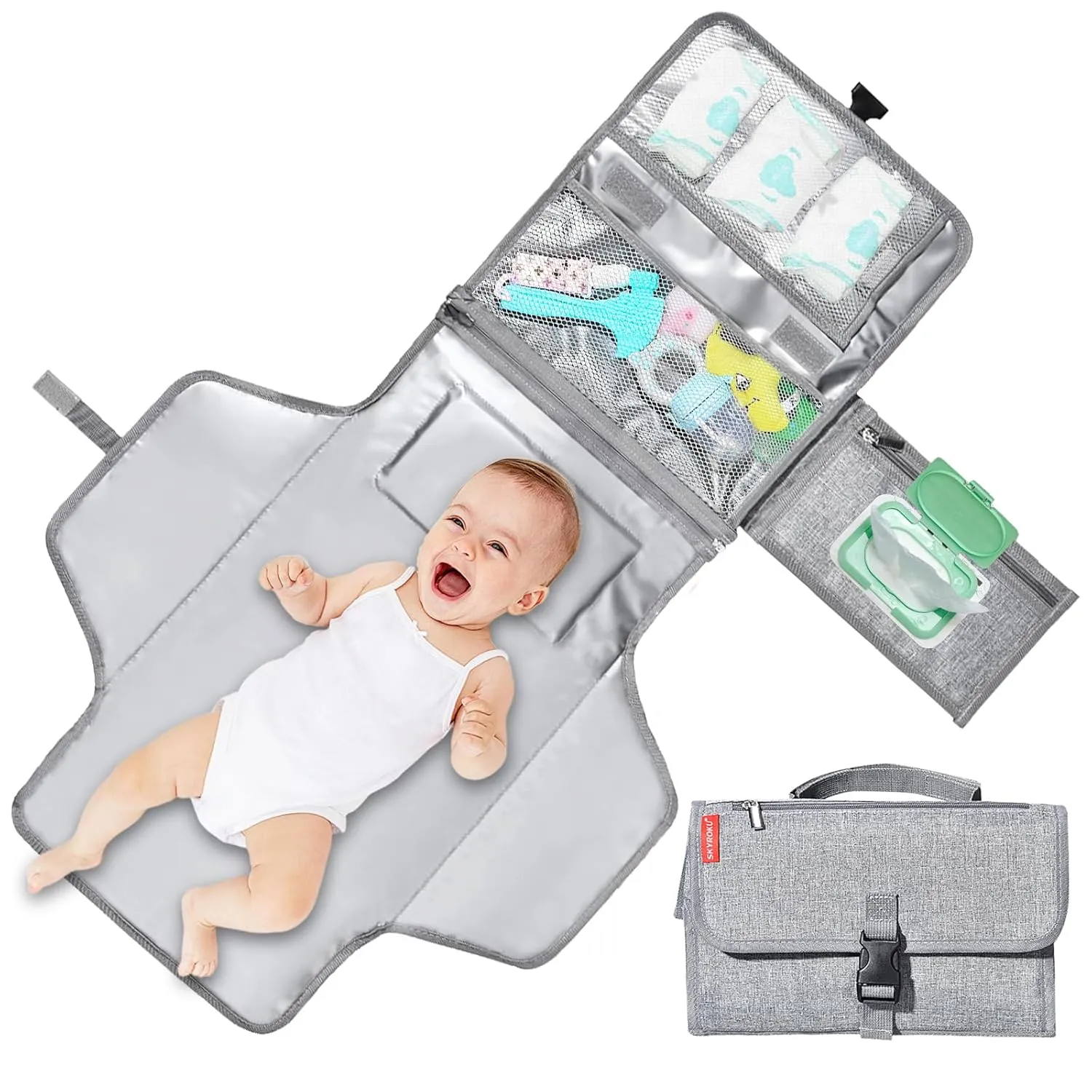 SKYROKU Diaper Changing Pad – Waterproof, Extra-Large, Memory Foam Pillow, Convenient Wet Wipes Bag, Easy to Carry, Portable for Travel – Ideal for Newborns & Infants