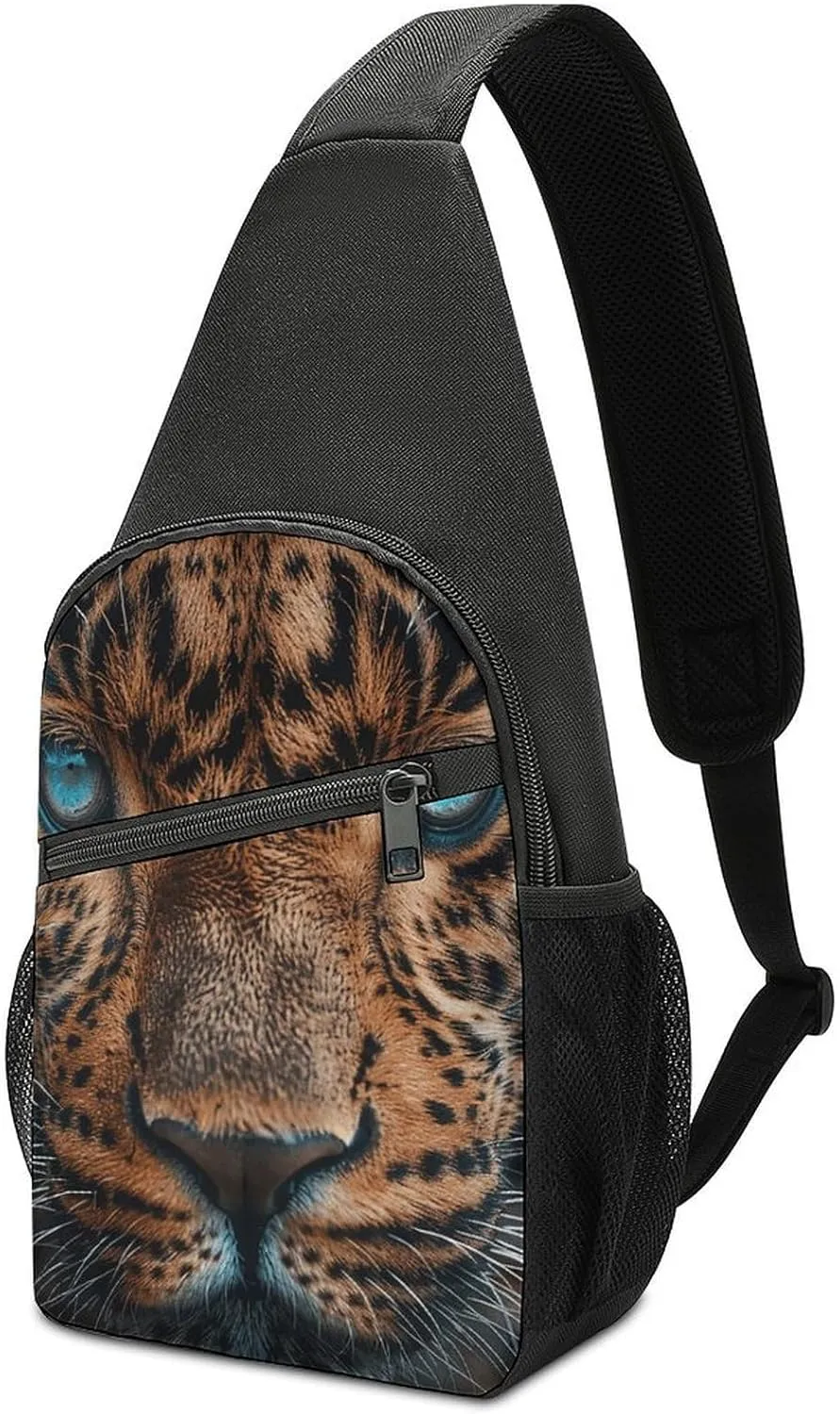 Sling Backpack for Women Men Crossbody Chest Bag Travel Leopard Face Close-Up Daypack Shoulder Bag for Hiking