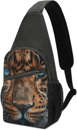 Sling Backpack for Women Men Crossbody Chest Bag Travel Leopard Face Close-Up Daypack Shoulder Bag for Hiking