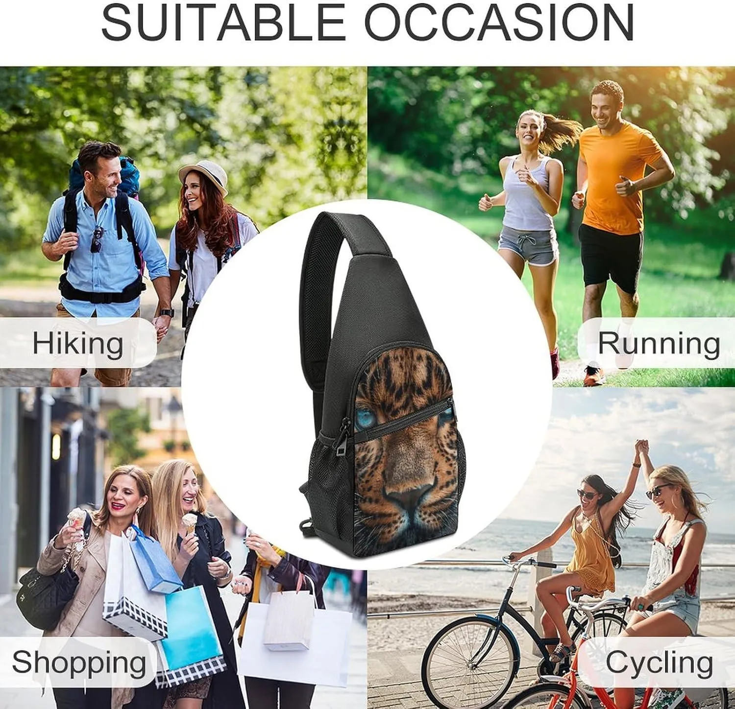 Sling Backpack for Women Men Crossbody Chest Bag Travel Leopard Face Close-Up Daypack Shoulder Bag for Hiking