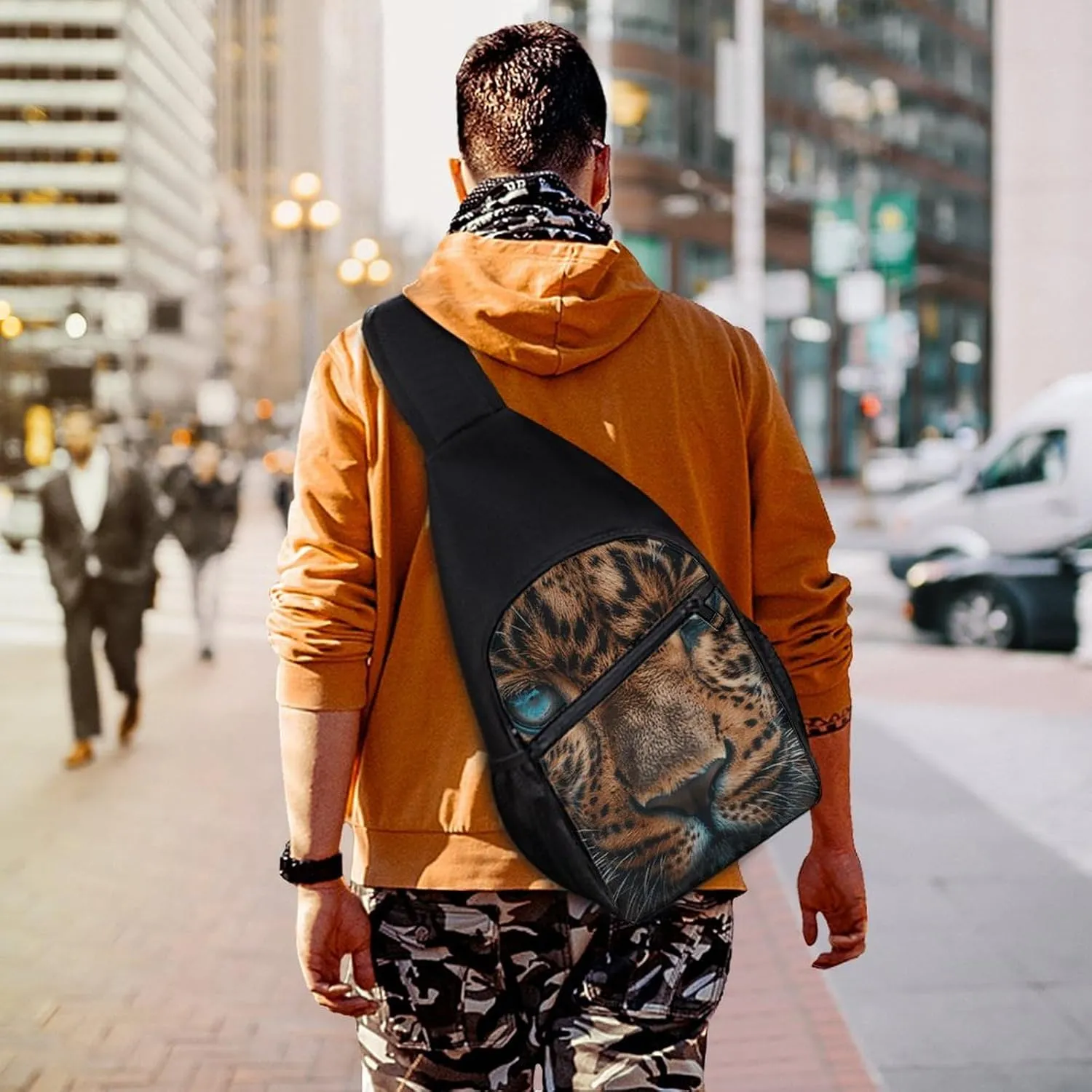 Sling Backpack for Women Men Crossbody Chest Bag Travel Leopard Face Close-Up Daypack Shoulder Bag for Hiking