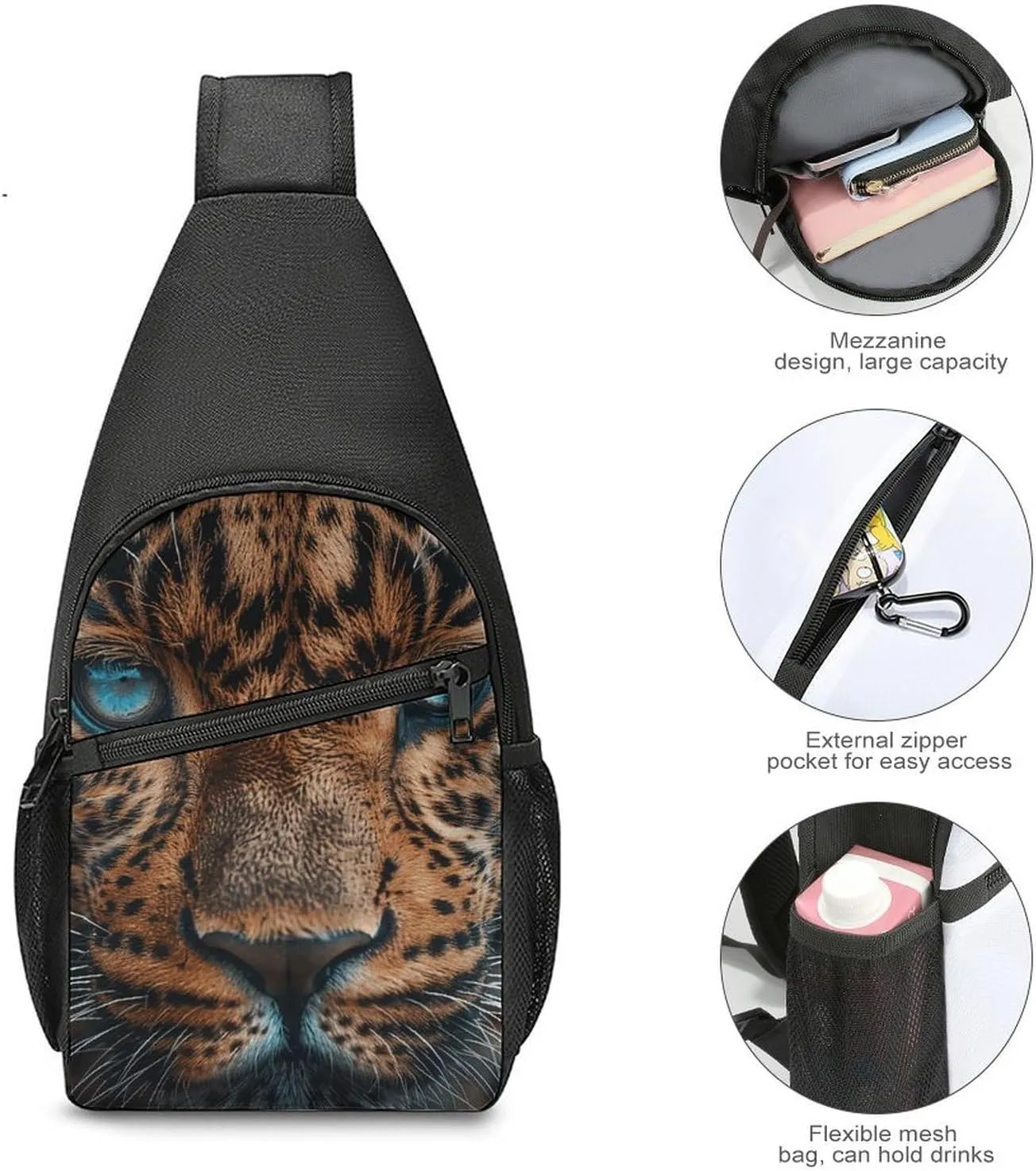 Sling Backpack for Women Men Crossbody Chest Bag Travel Leopard Face Close-Up Daypack Shoulder Bag for Hiking