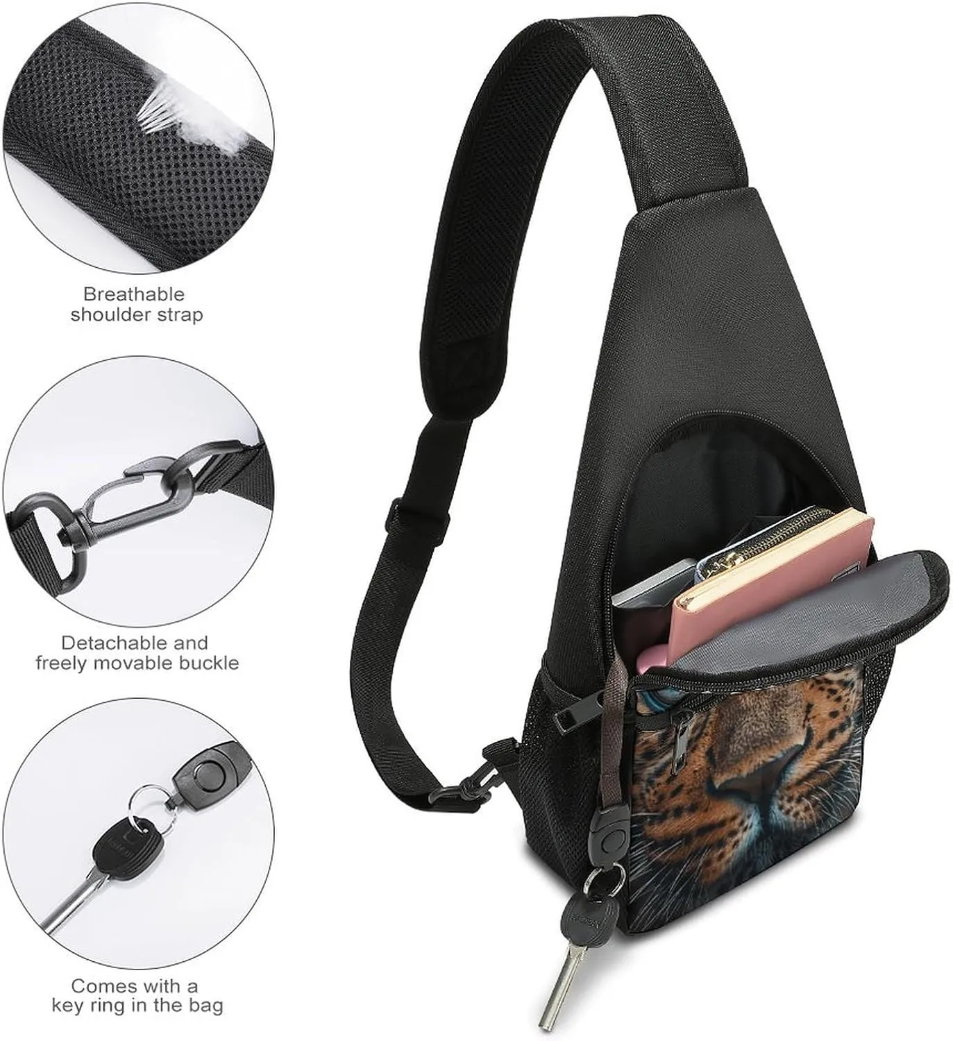 Sling Backpack for Women Men Crossbody Chest Bag Travel Leopard Face Close-Up Daypack Shoulder Bag for Hiking