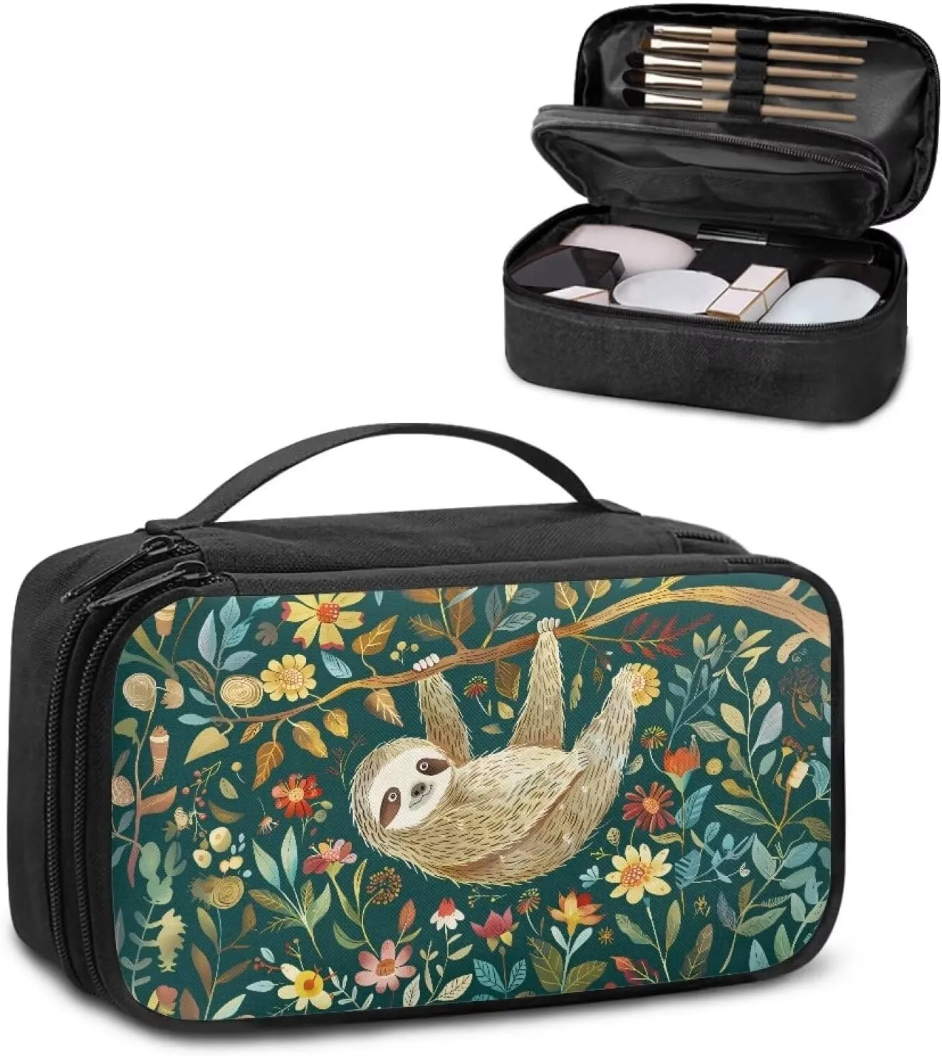 Sloth Makeup Bag for Women Flowers Cosmetic Bag with Brush Slot Make Up Travel Bag Organizer Large Capacity Toiletry Bag with Zipper Travel Size Skincare Bag Travel Gifts for Women