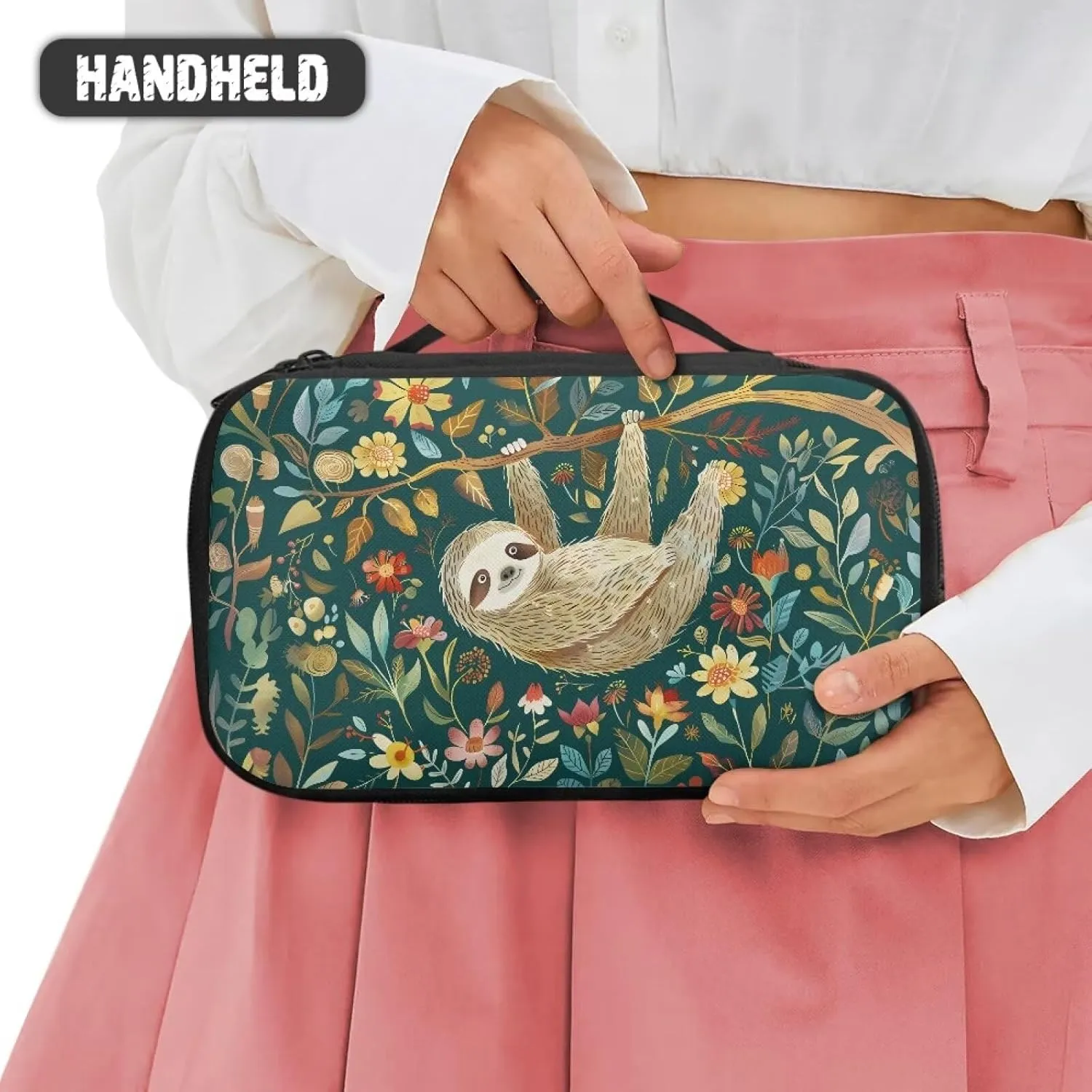 Sloth Makeup Bag for Women Flowers Cosmetic Bag with Brush Slot Make Up Travel Bag Organizer Large Capacity Toiletry Bag with Zipper Travel Size Skincare Bag Travel Gifts for Women