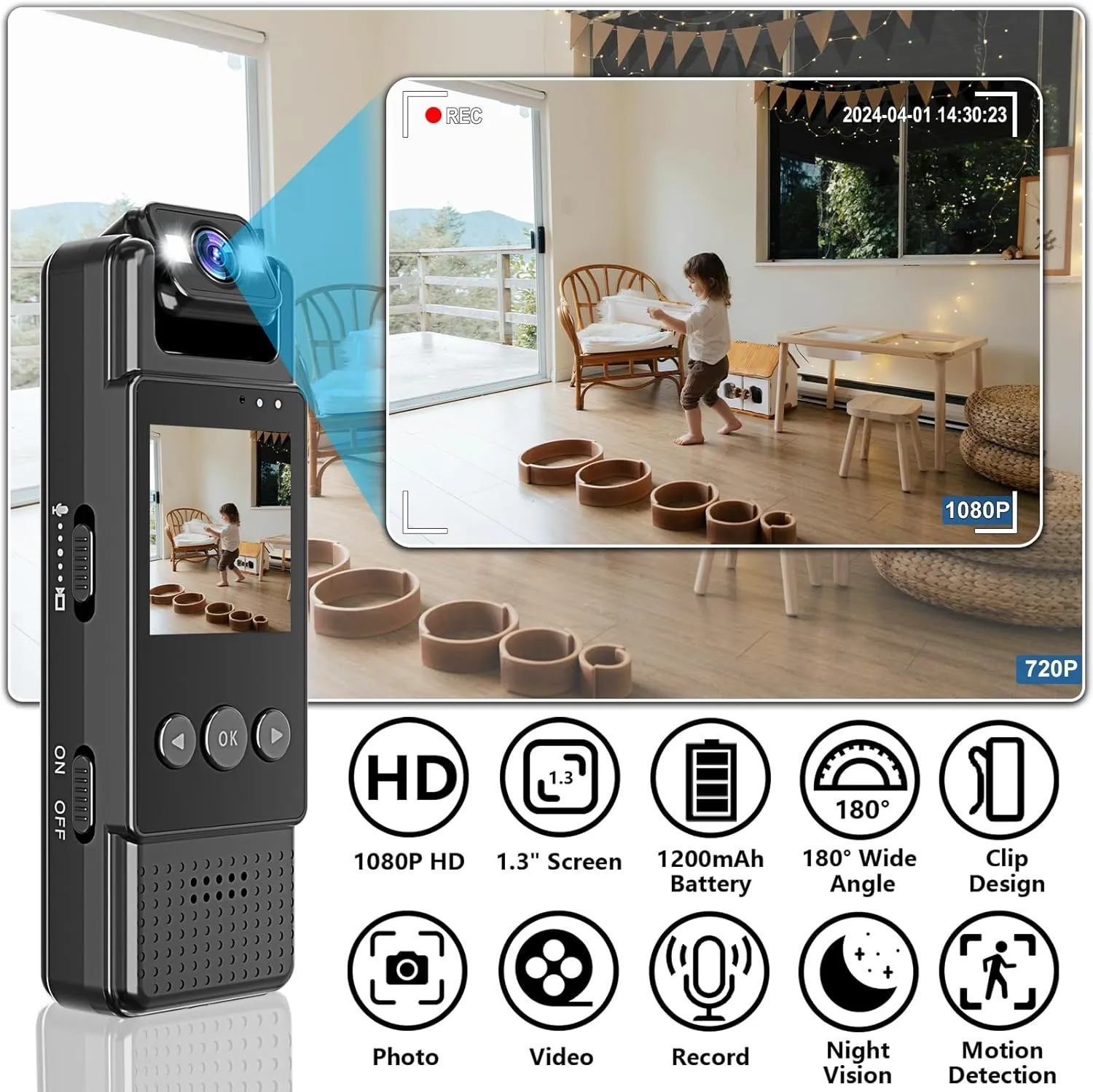 Small Body Camera with Audio and Video Recording 1080P 64G Handheld Bodycam Wearable Video Recorder with 1.3" Screen and Fill Light, 180° Rotatable, for Personal Protection Travel Use