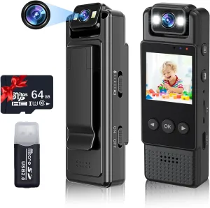 Small Body Camera with Audio and Video Recording 1080P 64G Handheld Bodycam Wearable Video Recorder with 1.3" Screen and Fill Light, 180° Rotatable, for Personal Protection Travel Use
