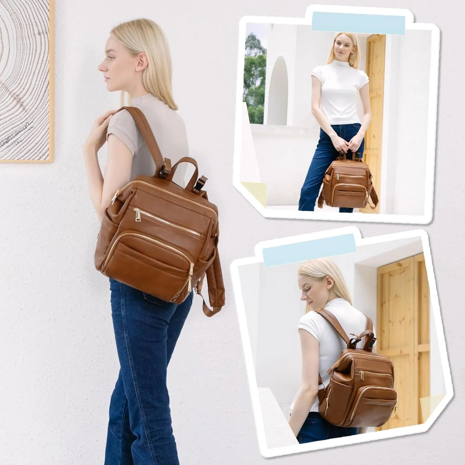 Small Diaper Bag Mini Diaper Bag Backpack Leather Diaper Bag With 12 Pockets Baby Travel Bag,2 Insulated Pockets,USB Charging Port,Stroller Straps,Brown