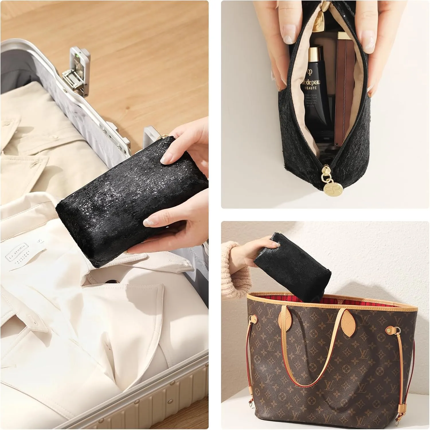 Small Makeup Bag for Purse，Black Cosmetic Travel Bag for Women, Cute Make Up Pouch for Accessories