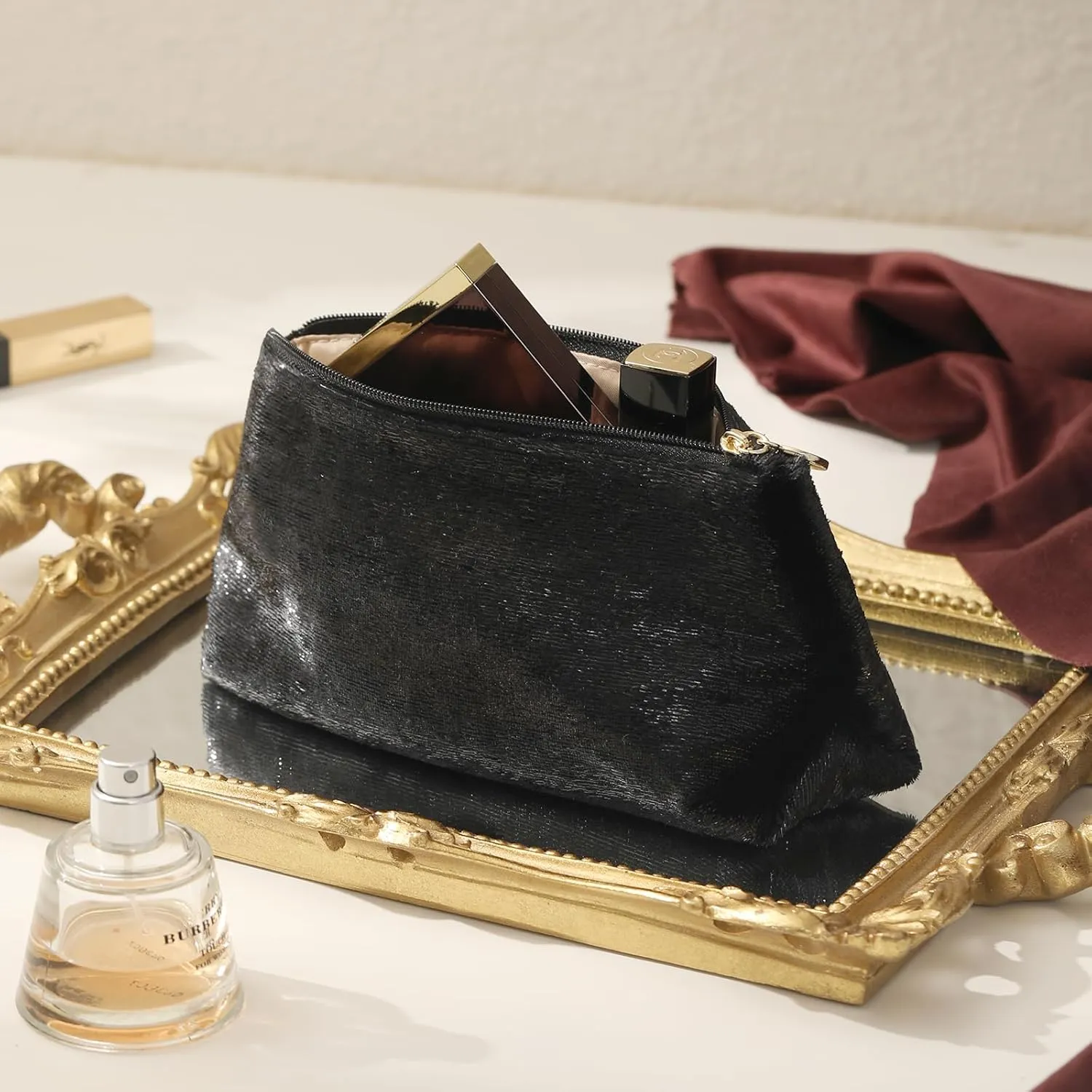 Small Makeup Bag for Purse，Black Cosmetic Travel Bag for Women, Cute Make Up Pouch for Accessories