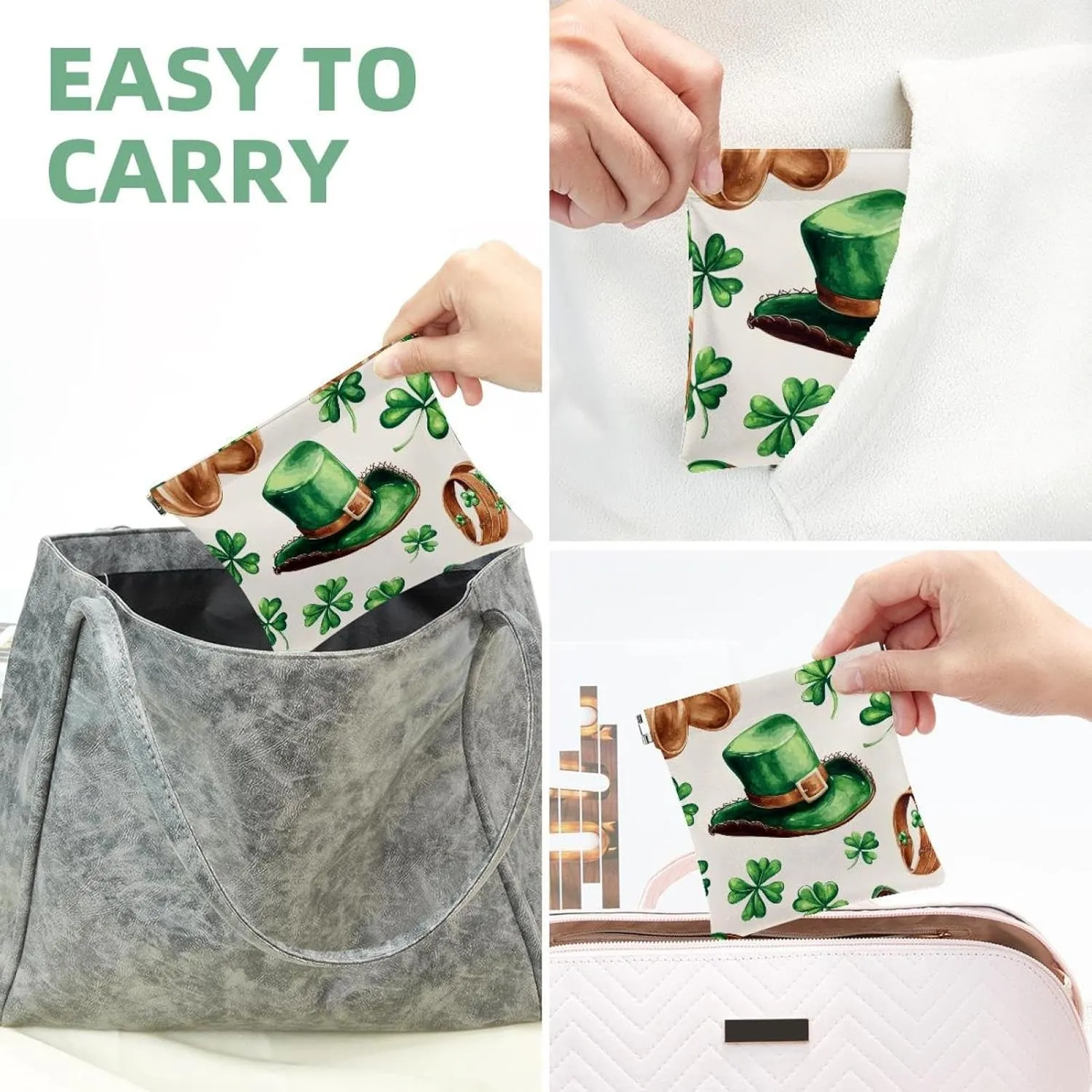 Small Pocket Cosmetic Bag, Squeeze Top Travel Makeup Bag for Purse, No Zipper Self-Closing Mini Makeup Pouch for Women Girls, Western St Patrick Outfits Green Cowboy Hat Shoes Clovers