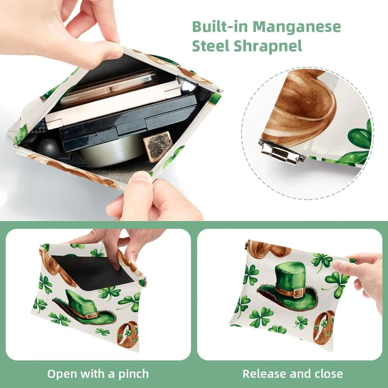 Small Pocket Cosmetic Bag, Squeeze Top Travel Makeup Bag for Purse, No Zipper Self-Closing Mini Makeup Pouch for Women Girls, Western St Patrick Outfits Green Cowboy Hat Shoes Clovers