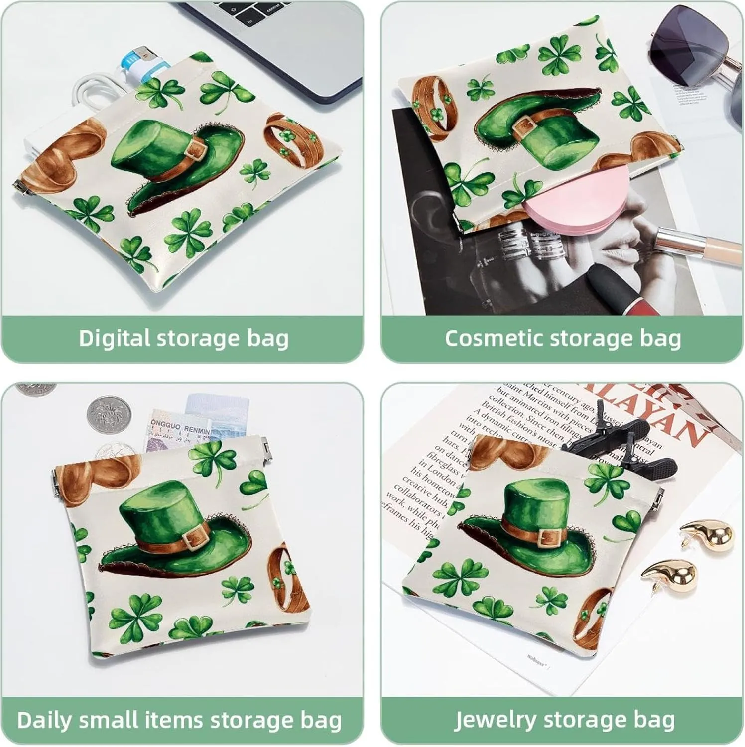 Small Pocket Cosmetic Bag, Squeeze Top Travel Makeup Bag for Purse, No Zipper Self-Closing Mini Makeup Pouch for Women Girls, Western St Patrick Outfits Green Cowboy Hat Shoes Clovers