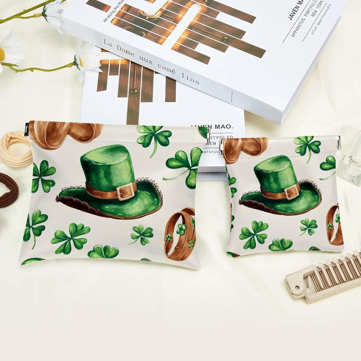 Small Pocket Cosmetic Bag, Squeeze Top Travel Makeup Bag for Purse, No Zipper Self-Closing Mini Makeup Pouch for Women Girls, Western St Patrick Outfits Green Cowboy Hat Shoes Clovers