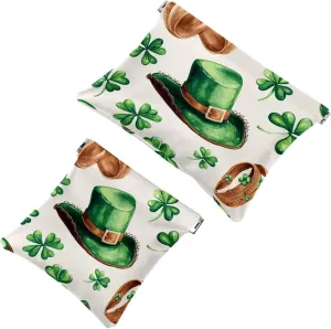 Small Pocket Cosmetic Bag, Squeeze Top Travel Makeup Bag for Purse, No Zipper Self-Closing Mini Makeup Pouch for Women Girls, Western St Patrick Outfits Green Cowboy Hat Shoes Clovers