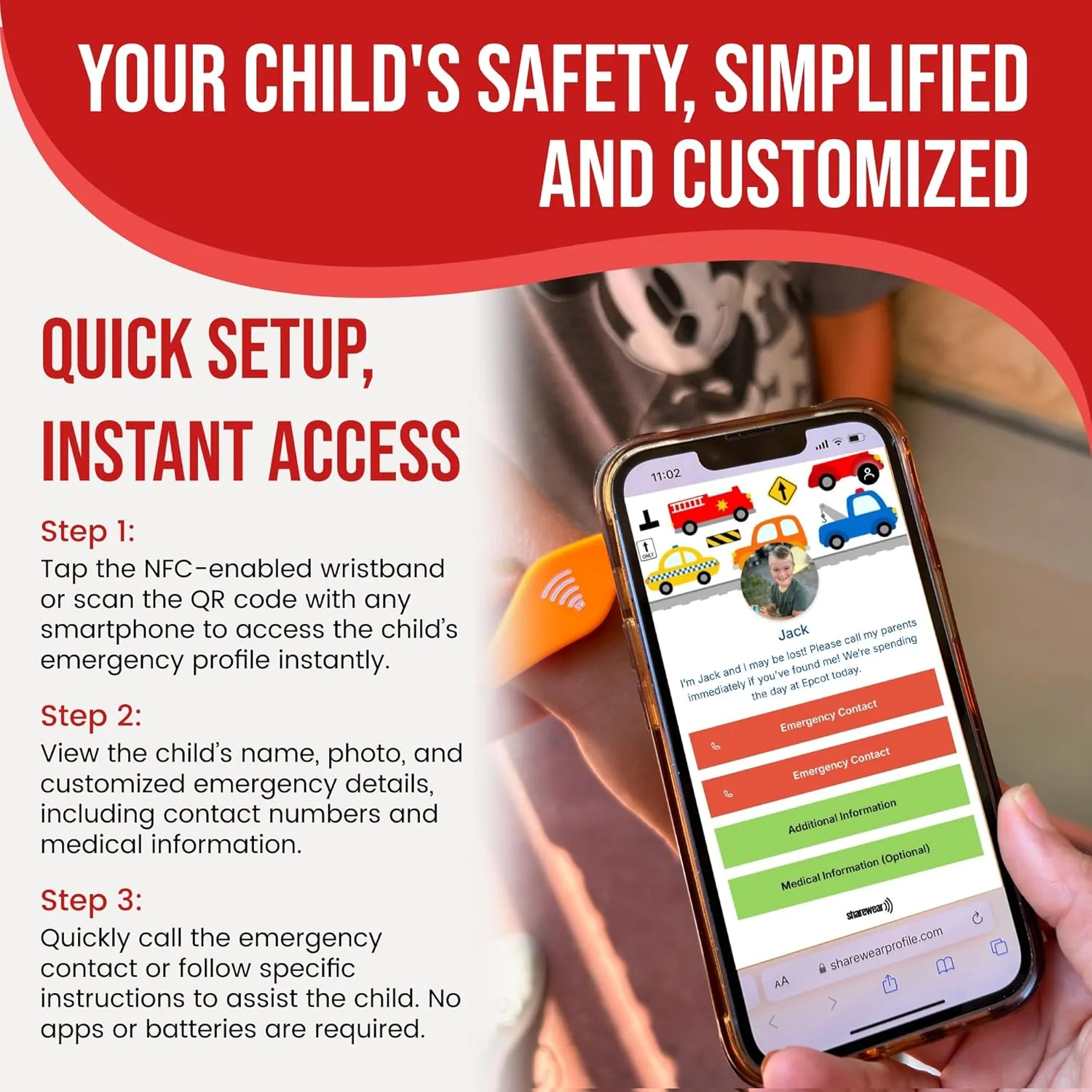 Smart Bands for Kids if Lost, Child Safety ID Wristband, NFC Bracelet for Children, Smart Medical ID Band, Lost Kids ID Bracelet, Disney Essentials for Kids, QR Identification