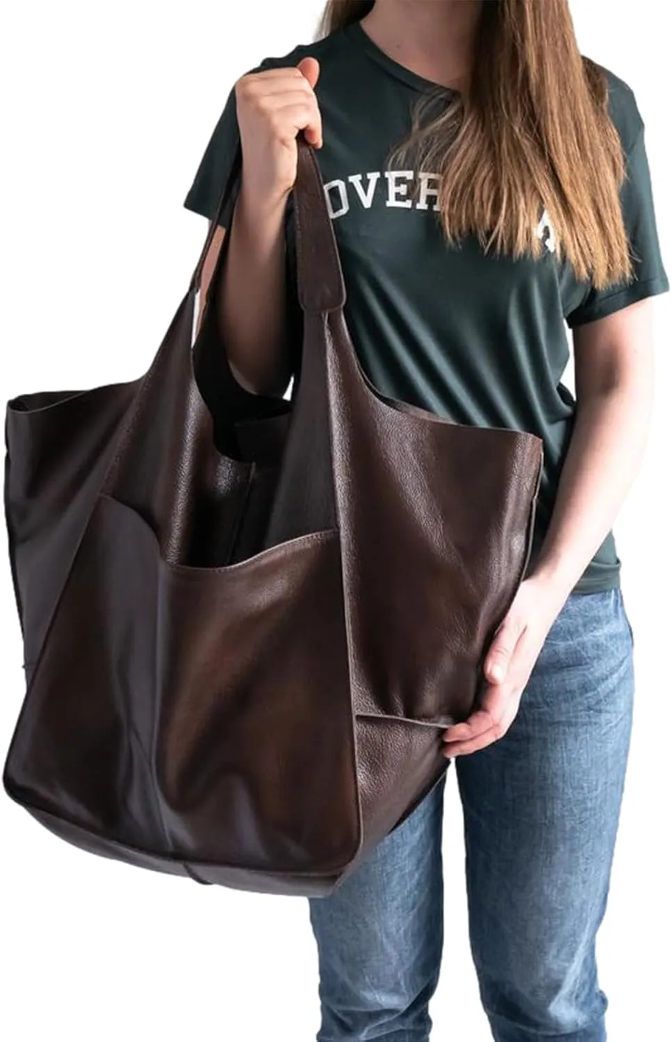 Soft Leather Tote Bag for Women Extra Large Boho Bucket Handbag Oversized Purse Shoulder Bag for Working Traveling