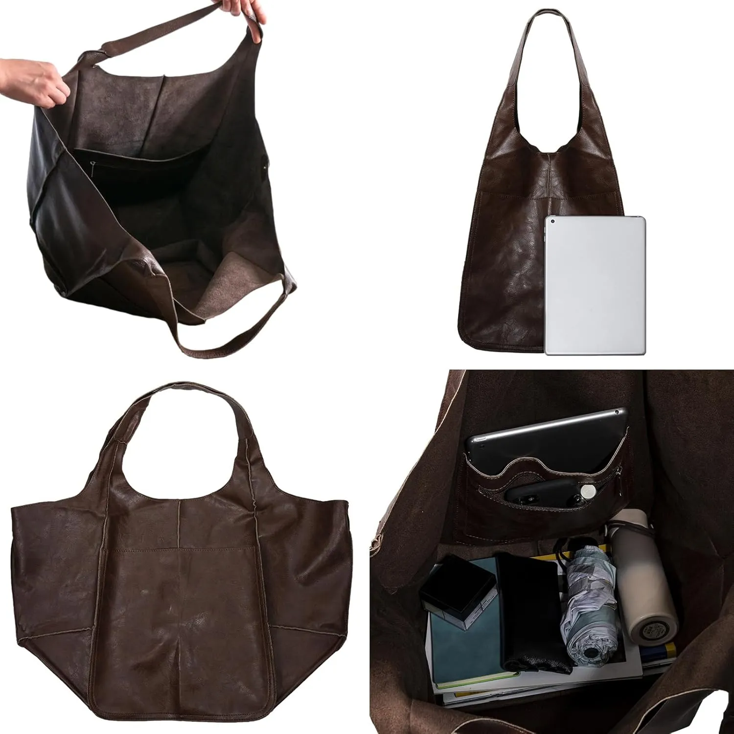 Soft Leather Tote Bag for Women Extra Large Boho Bucket Handbag Oversized Purse Shoulder Bag for Working Traveling