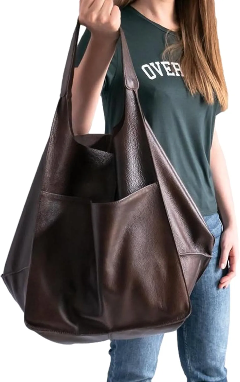 Soft Leather Tote Bag for Women Extra Large Boho Bucket Handbag Oversized Purse Shoulder Bag for Working Traveling