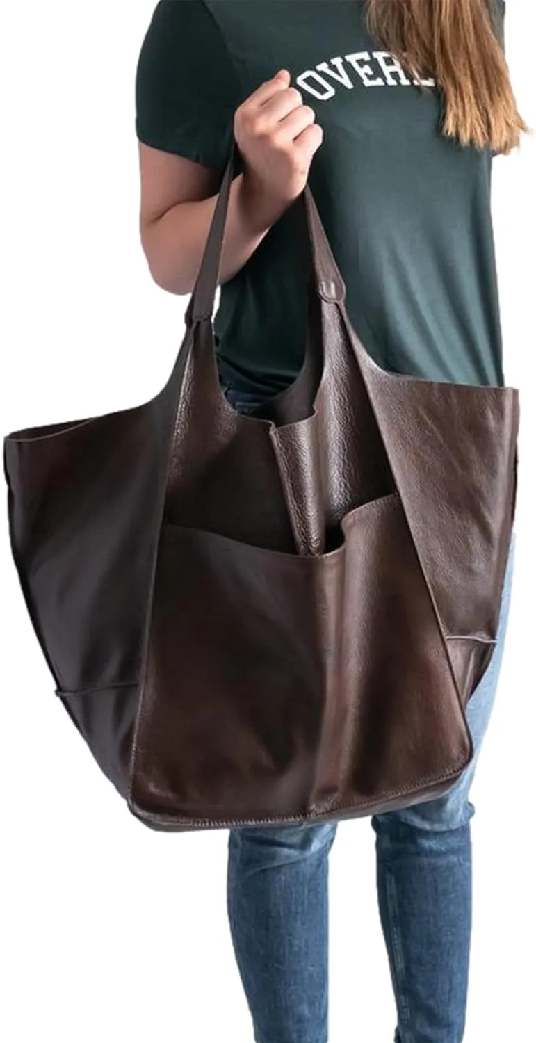 Soft Leather Tote Bag for Women Extra Large Boho Bucket Handbag Oversized Purse Shoulder Bag for Working Traveling