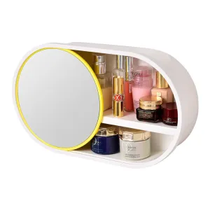 SOGA 39cm Oval Wall Mounted Mirror Storage Box Vanity Mirror Rack Bathroom Adhesive Shelf Home Organiser Decor