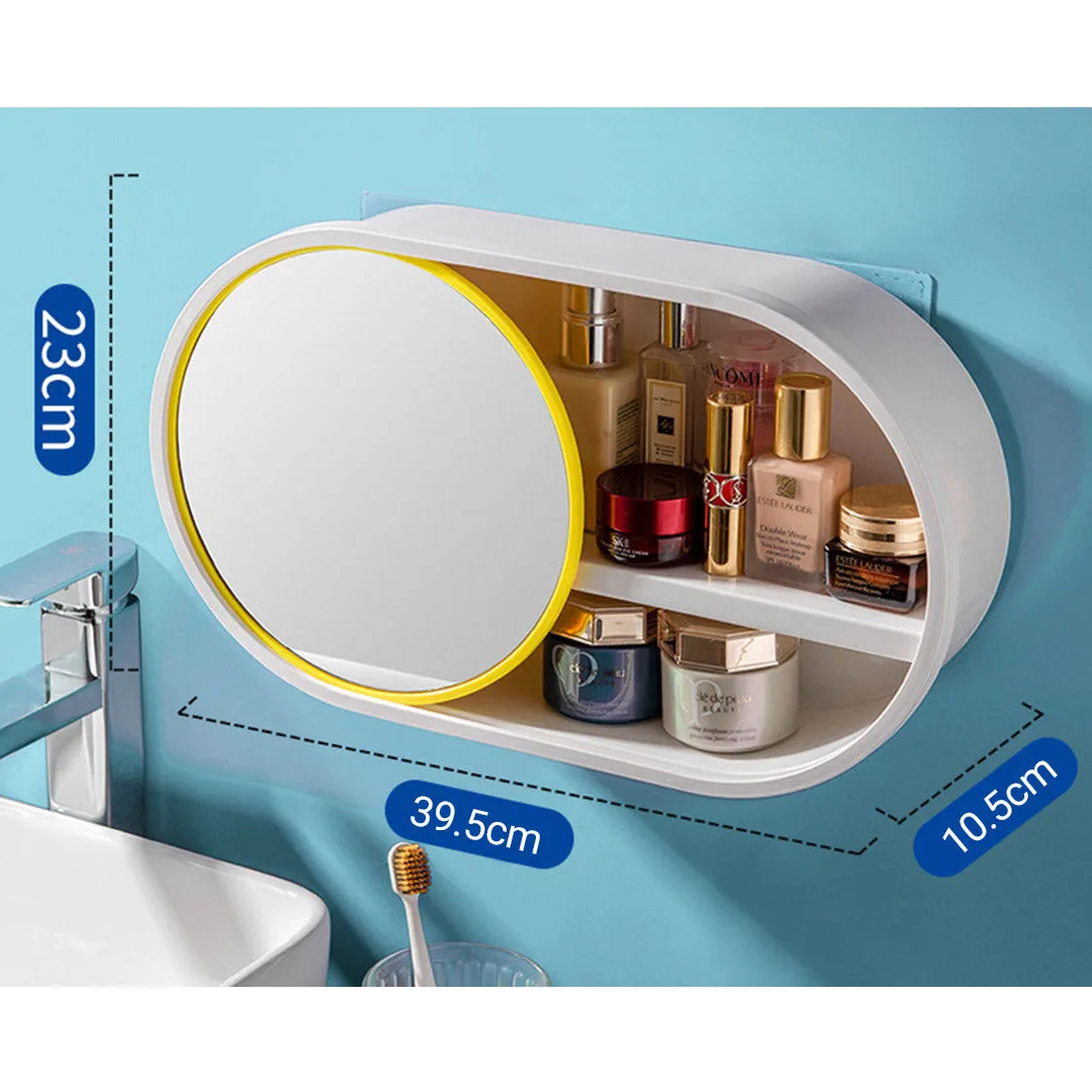 SOGA 39cm Oval Wall Mounted Mirror Storage Box Vanity Mirror Rack Bathroom Adhesive Shelf Home Organiser Decor