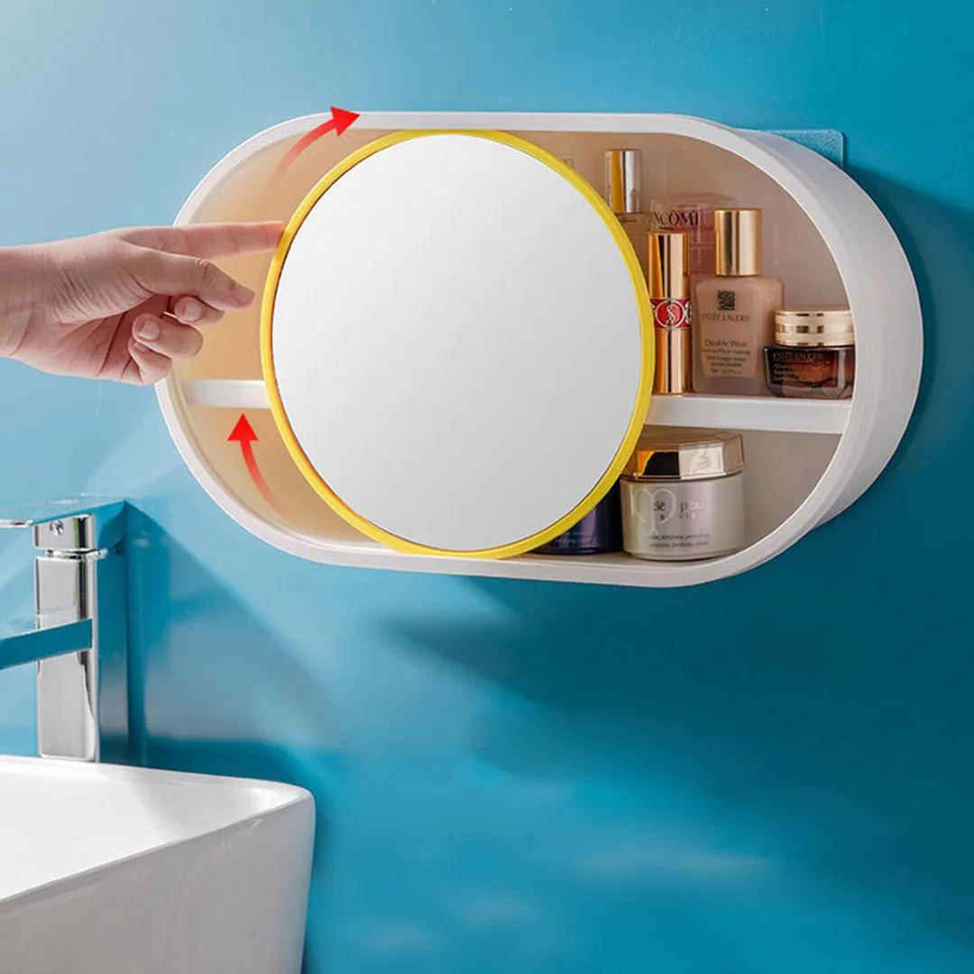 SOGA 39cm Oval Wall Mounted Mirror Storage Box Vanity Mirror Rack Bathroom Adhesive Shelf Home Organiser Decor