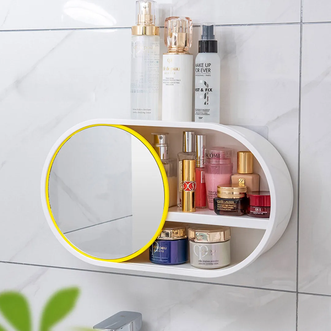 SOGA 39cm Oval Wall Mounted Mirror Storage Box Vanity Mirror Rack Bathroom Adhesive Shelf Home Organiser Decor