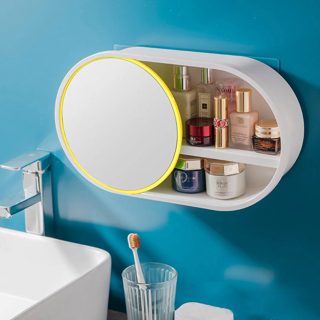 SOGA 39cm Oval Wall Mounted Mirror Storage Box Vanity Mirror Rack Bathroom Adhesive Shelf Home Organiser Decor