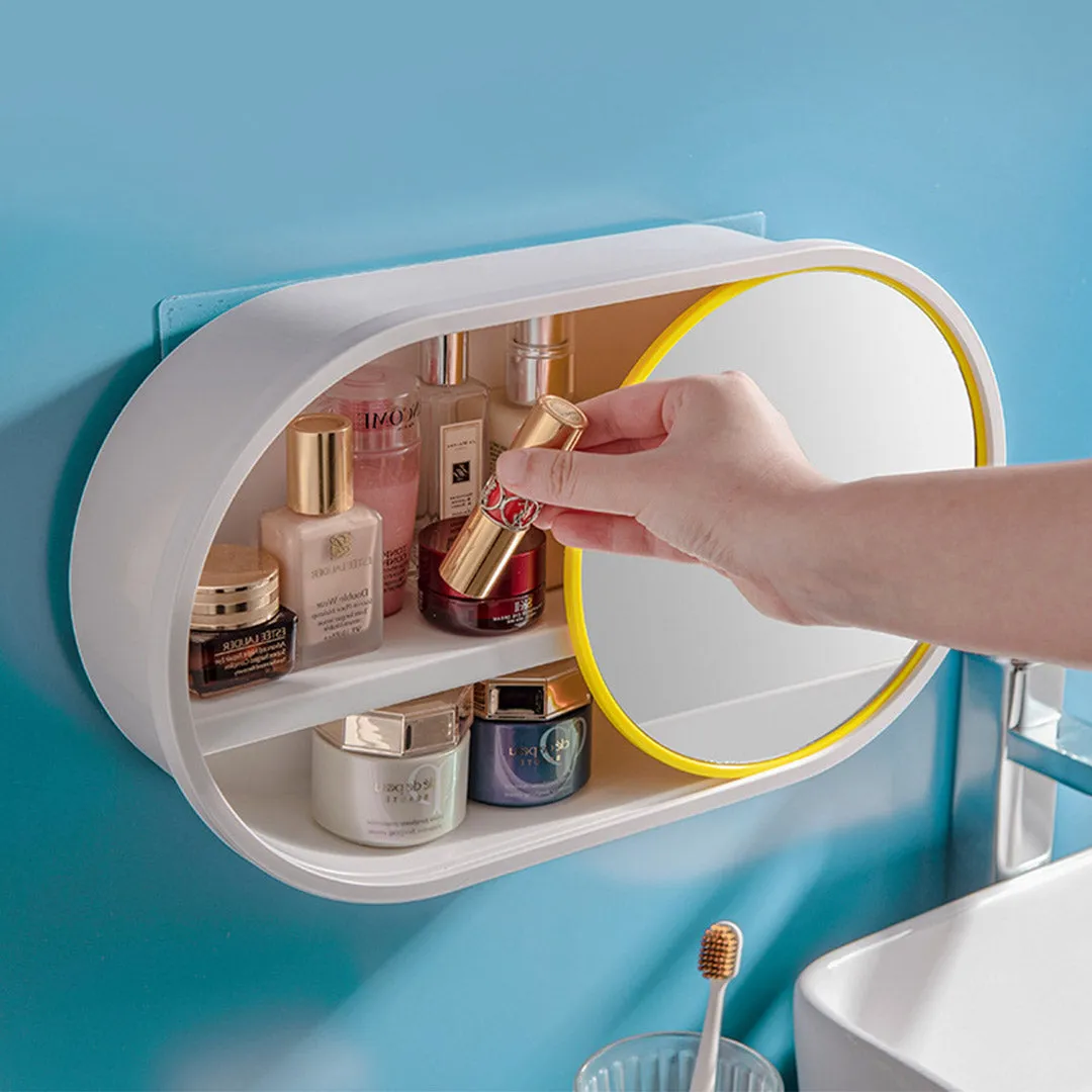 SOGA 39cm Oval Wall Mounted Mirror Storage Box Vanity Mirror Rack Bathroom Adhesive Shelf Home Organiser Decor