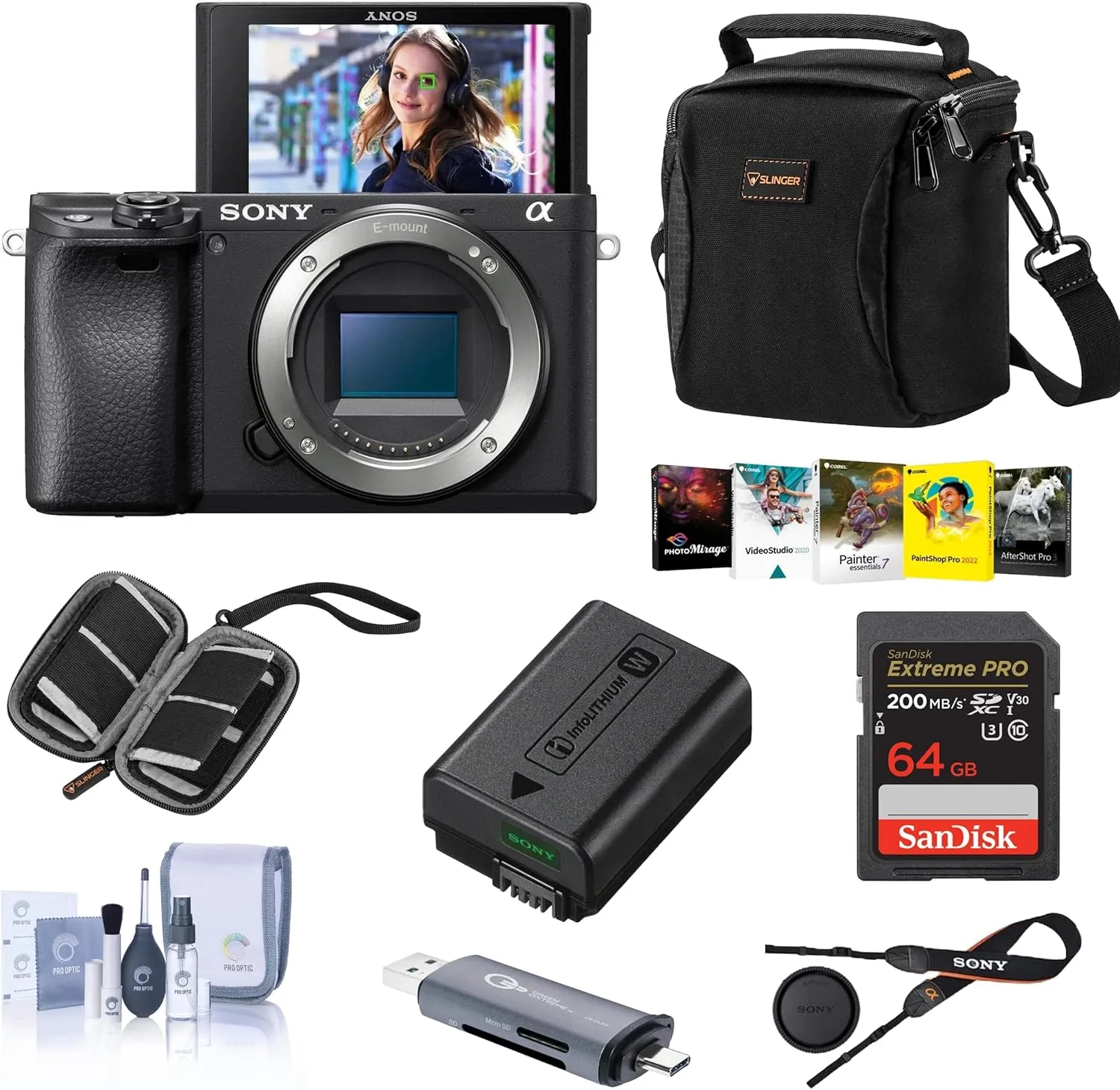 Sony Alpha a6400 Mirrorless Digital Camera (Body Only) - Bundle with Shoulder Bag, 64 GB SD Card, Cleaning Kit, Card Reader, SD Card Case, Corel PC Software Kit
