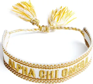 Sorority Shop Alpha Chi Omega Bracelet — Woven Bracelet, White and Gold Design with ACO Sorority Name and Tassels, Greek Sorority Jewelry and Big Little Sorority Gifts
