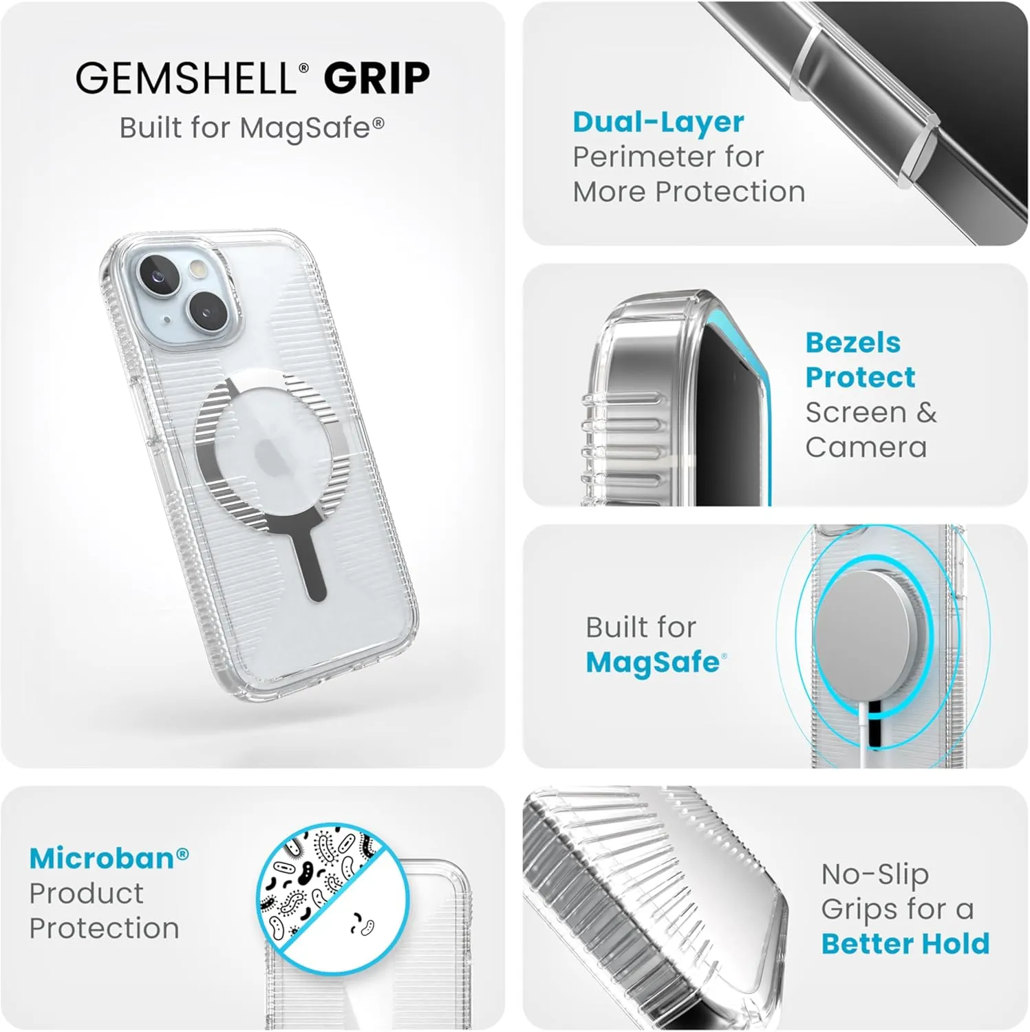 Speck Clear iPhone 15 Case - Slim, Built for MagSafe, Drop Protection Grip - for iPhone 15, iPhone 14 & iPhone 13 - Scratch Resistant, Anti-Yellowing, 6.1 Inch Phone Case - GemShell Grip Clear