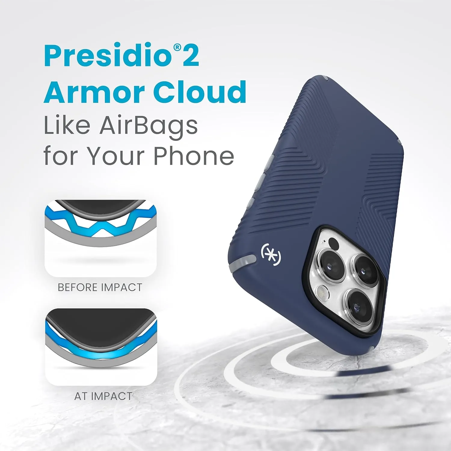 Speck iPhone 15 Pro Case - Drop Protection, Grip - Scratch Resistant, Soft Touch, 6.1 Inch Phone Case - Presidio2 Grip Coastal Blue/Dust Grey/White