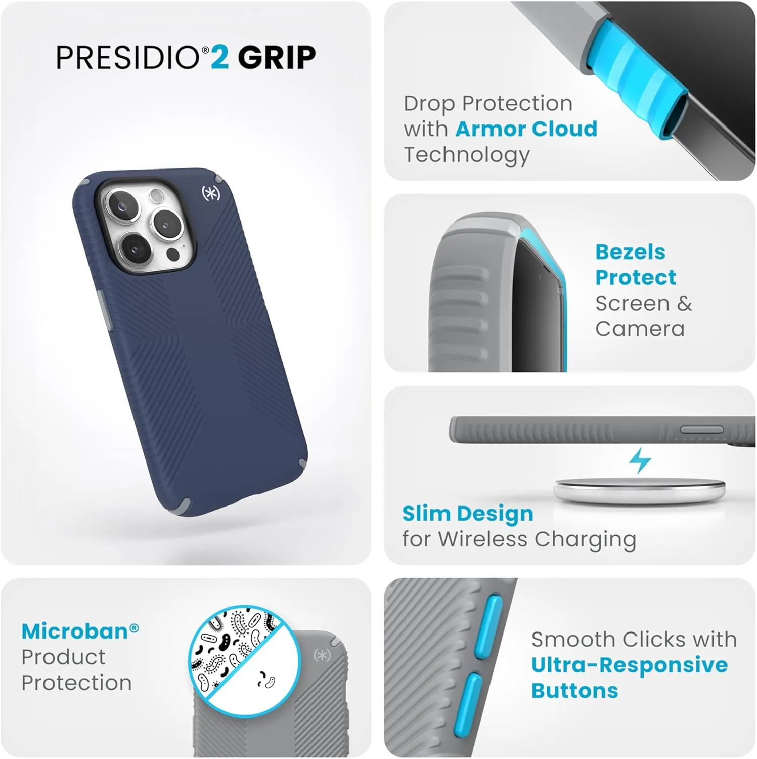 Speck iPhone 15 Pro Case - Drop Protection, Grip - Scratch Resistant, Soft Touch, 6.1 Inch Phone Case - Presidio2 Grip Coastal Blue/Dust Grey/White
