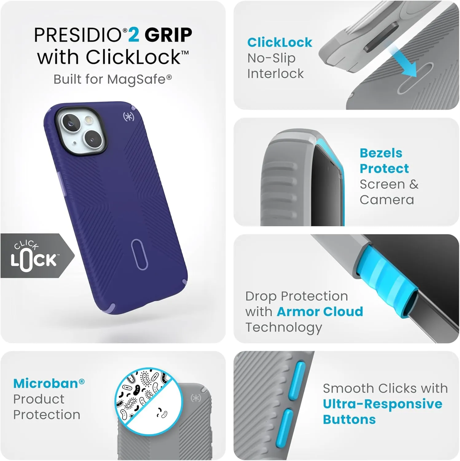Speck MagSafe Case for iPhone 15 - Drop & Camera Protection, ClickLock No-Slip, Wireless Charging Compatible, Fits All 6.1 Inch Models Including iPhone 14, iPhone 13 - Blue/Purple Ink/Sky Purple