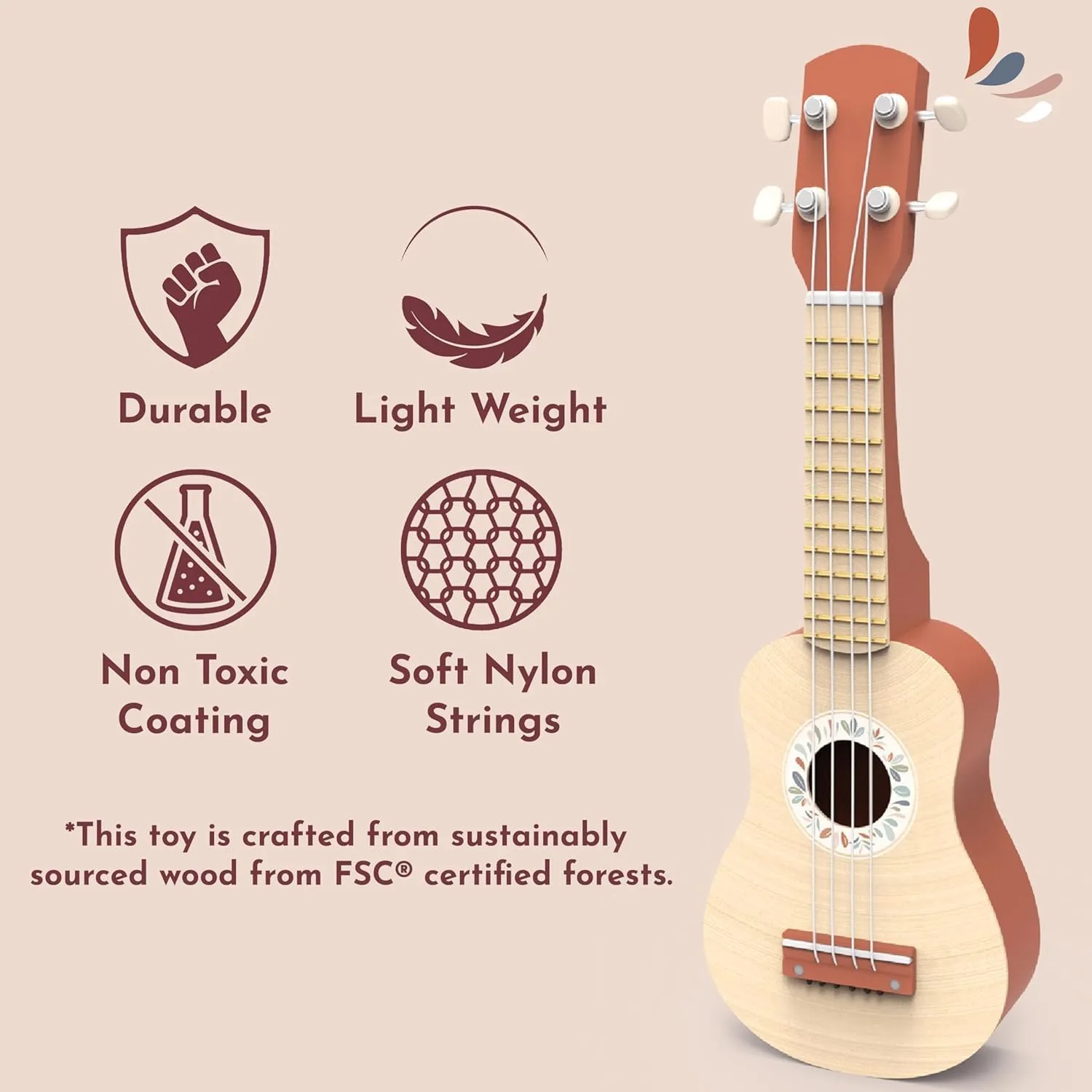 Speedy Monkey 16-Inch Kids Ukulele Toy | FSC® Certified Wooden Toy for Toddlers and Children | Safe Design Kid's Musical Toy with 4 Nylon Strings, Terracotta & Wood Finish