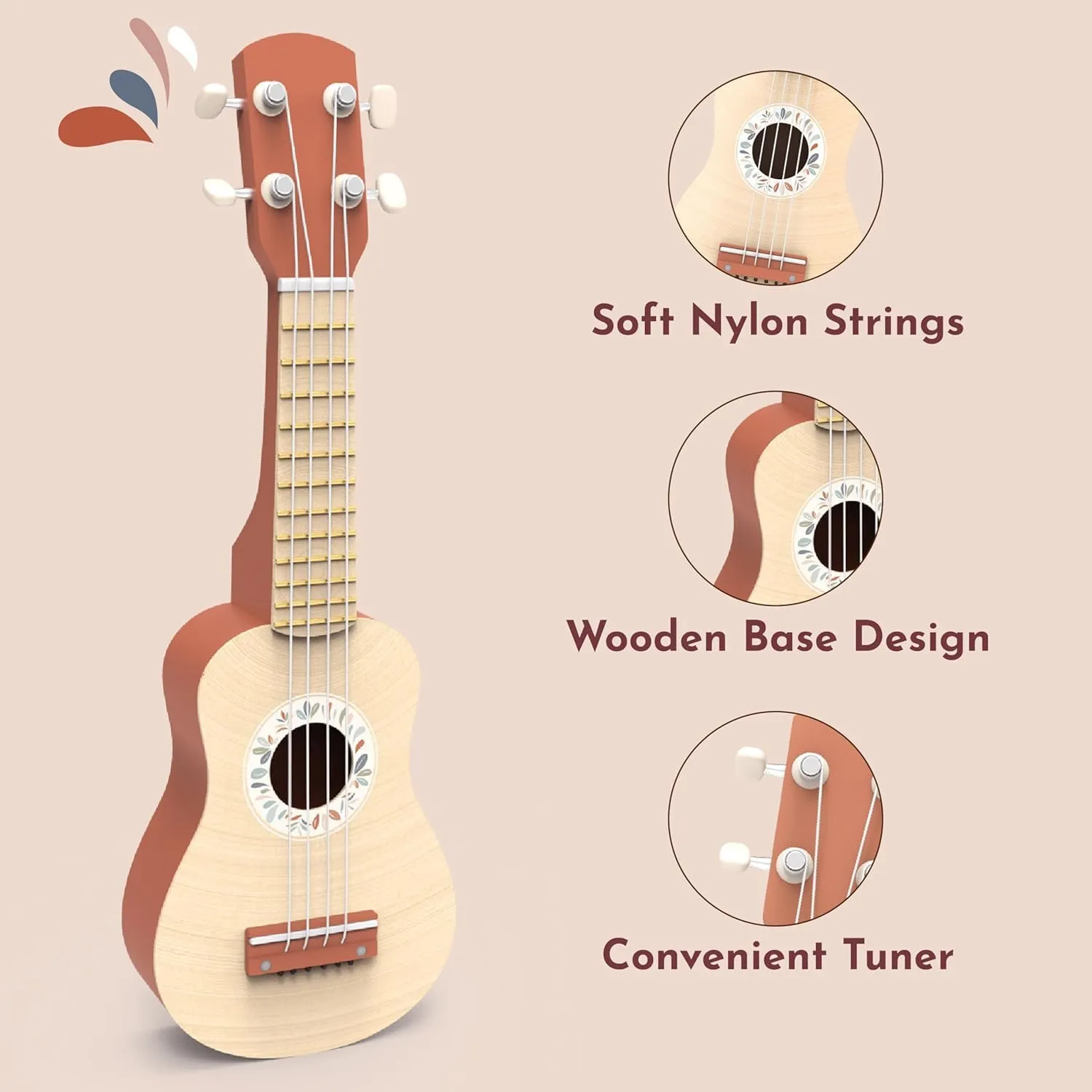 Speedy Monkey 16-Inch Kids Ukulele Toy | FSC® Certified Wooden Toy for Toddlers and Children | Safe Design Kid's Musical Toy with 4 Nylon Strings, Terracotta & Wood Finish