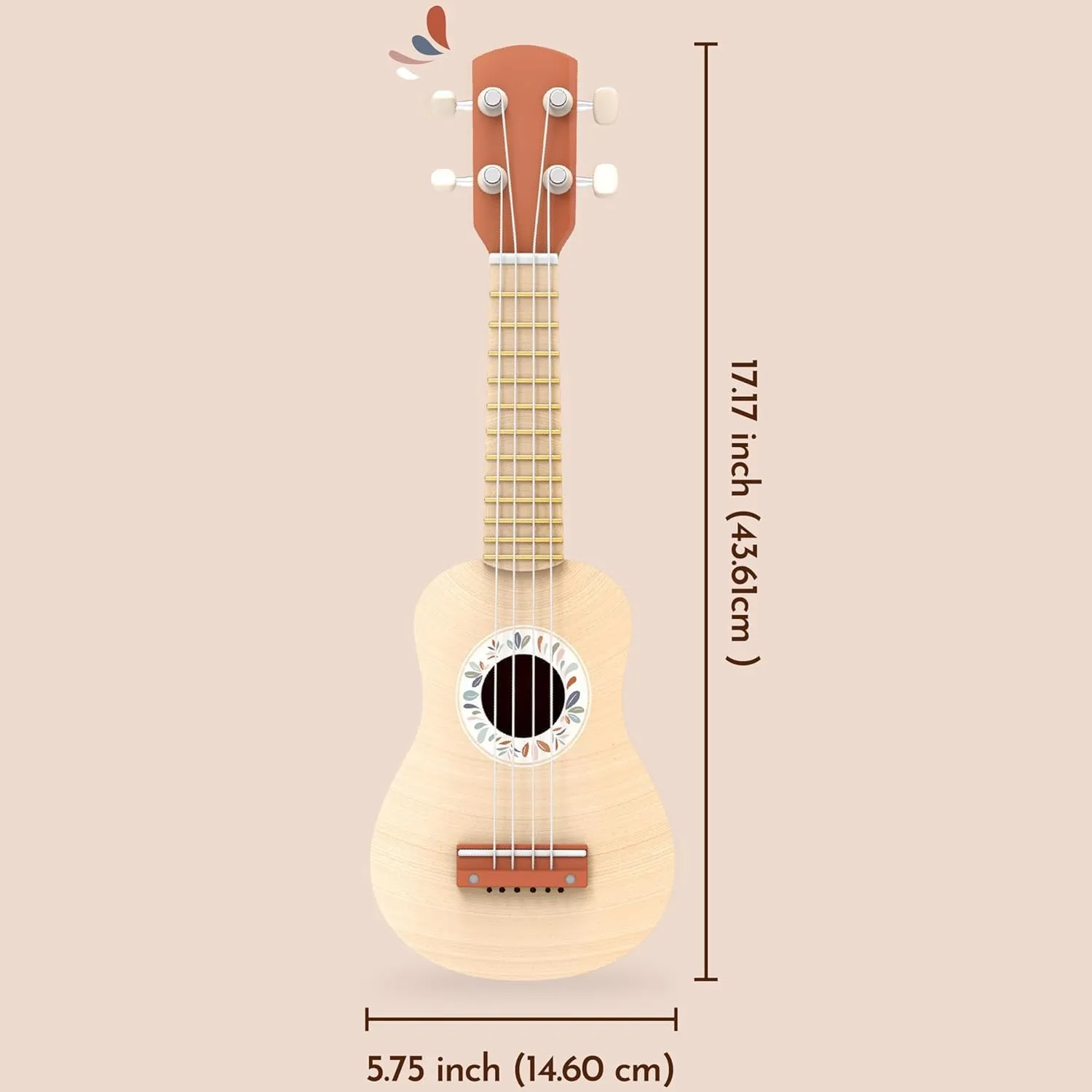 Speedy Monkey 16-Inch Kids Ukulele Toy | FSC® Certified Wooden Toy for Toddlers and Children | Safe Design Kid's Musical Toy with 4 Nylon Strings, Terracotta & Wood Finish