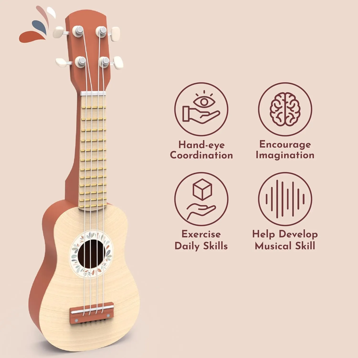 Speedy Monkey 16-Inch Kids Ukulele Toy | FSC® Certified Wooden Toy for Toddlers and Children | Safe Design Kid's Musical Toy with 4 Nylon Strings, Terracotta & Wood Finish